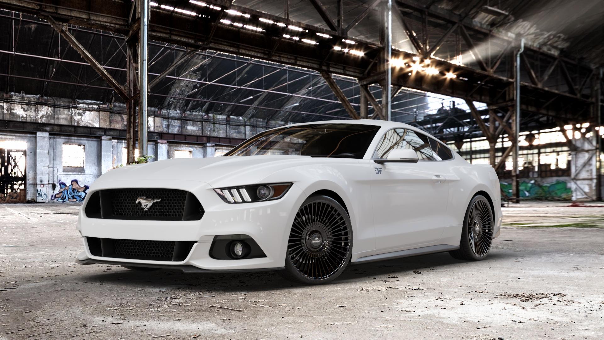 La Chanti Performance LC-P19 (Floating Cap) Glossy Black Felge mit Reifen schwarz in 21Zoll Winterfelge Alufelge auf weissem Ford Mustang VI Coupe Typ LAE Cabrio ⬇️ mit 15mm Tieferlegung ⬇️ Old Industrial Hall_max_5300mm_2024 Frontansicht_1