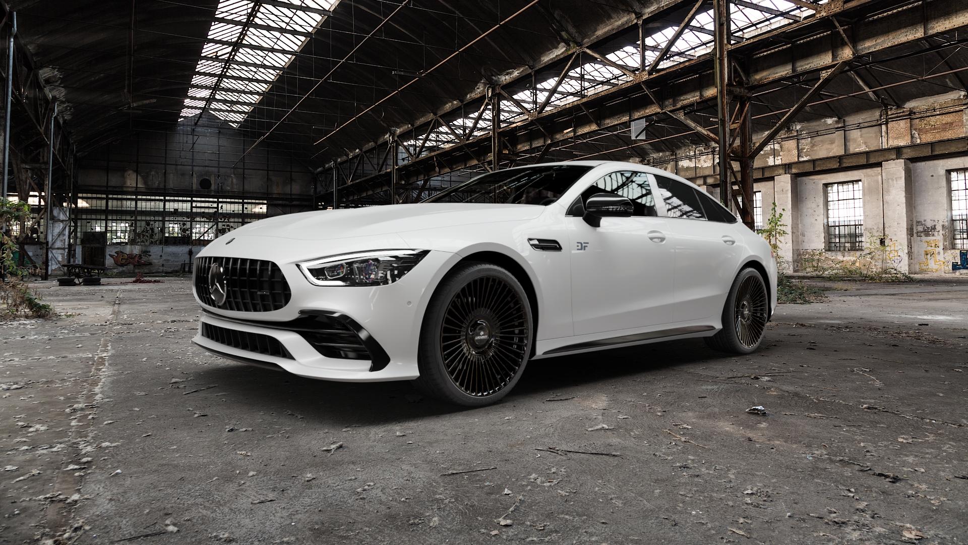 La Chanti Performance LC-P19 (Floating Cap) Glossy Black Felge mit Reifen schwarz in 21Zoll Winterfelge Alufelge auf weissem Mercedes AMG GT Coupe Typ R1EAMG ⬇️ mit 15mm Tieferlegung ⬇️ Old Industrial Hall_max5000mm_2022 Frontansicht_1