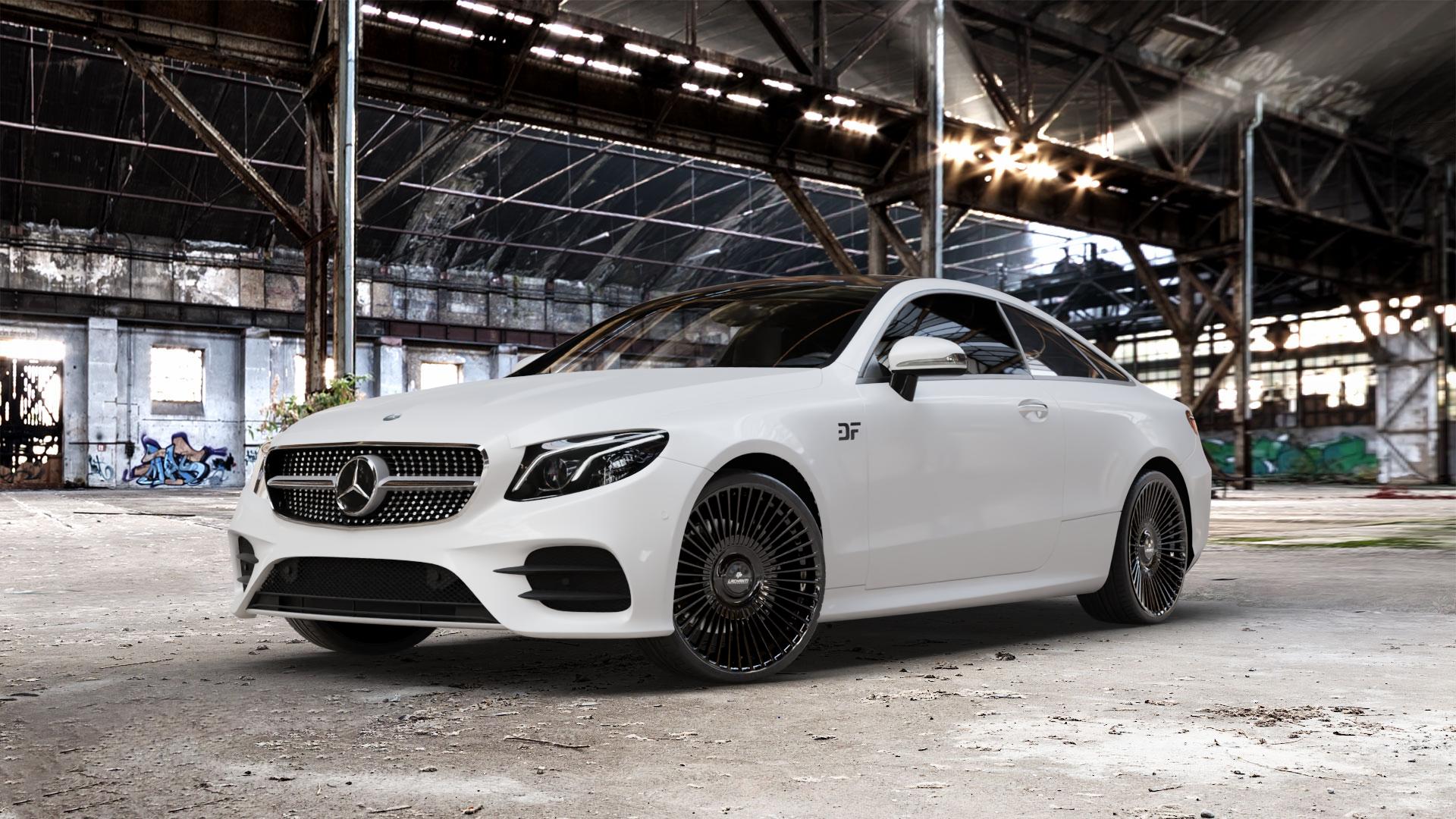 La Chanti Performance LC-P19 (Floating Cap) Glossy Black Felge mit Reifen schwarz in 21Zoll Winterfelge Alufelge auf weissem Mercedes E-Klasse Typ C238 Coupe (R1EC) ⬇️ mit 15mm Tieferlegung ⬇️ Old Industrial Hall_max_5300mm_2024 Frontansicht_1