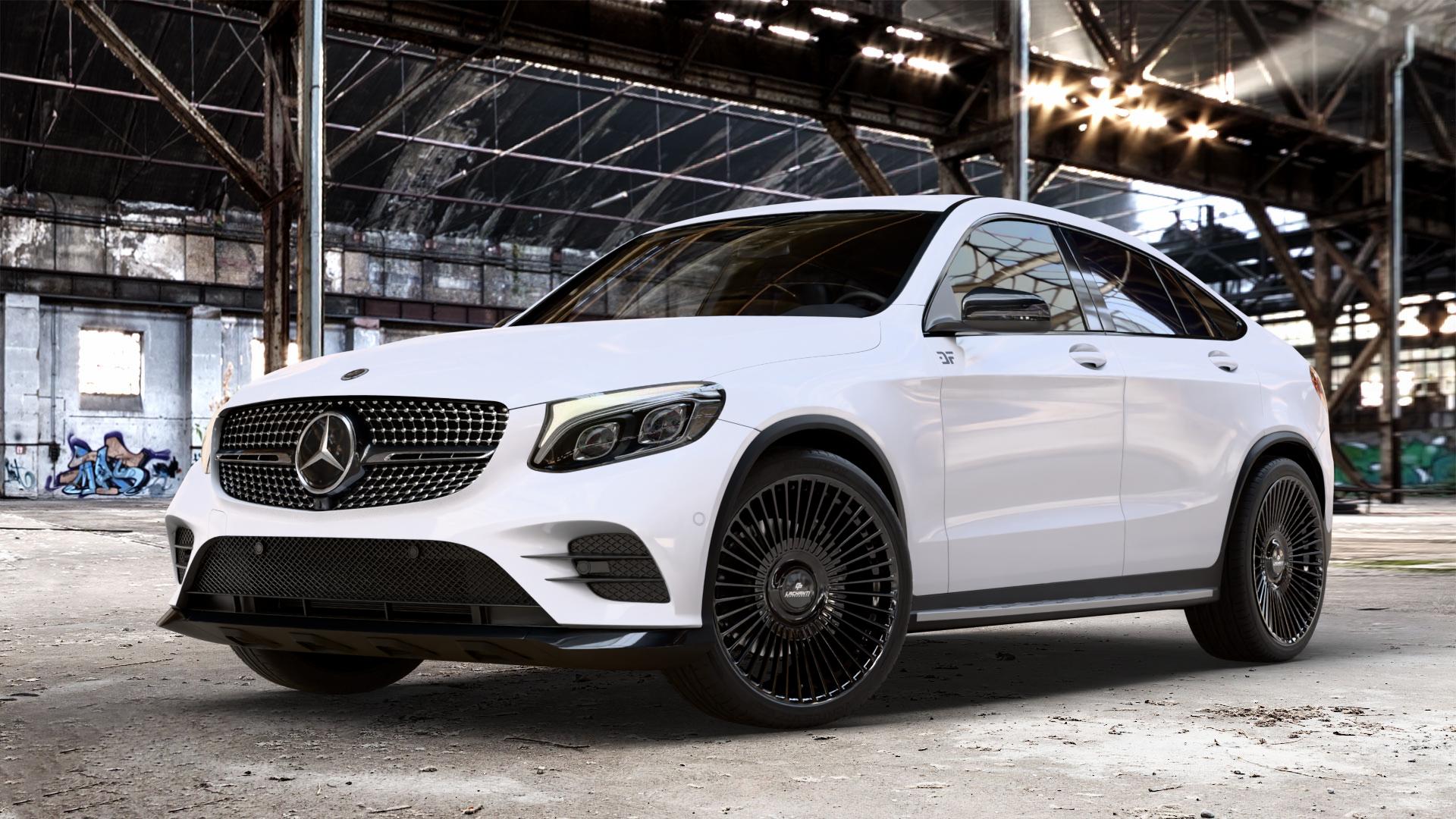 La Chanti Performance LC-P19 (Floating Cap) Glossy Black Felge mit Reifen schwarz in 21Zoll Winterfelge Alufelge auf weissem Mercedes GLC-Klasse Coupe Typ C253 ⬇️ mit 15mm Tieferlegung ⬇️ Old Industrial Hall_max_4400mm_2024 Frontansicht_1