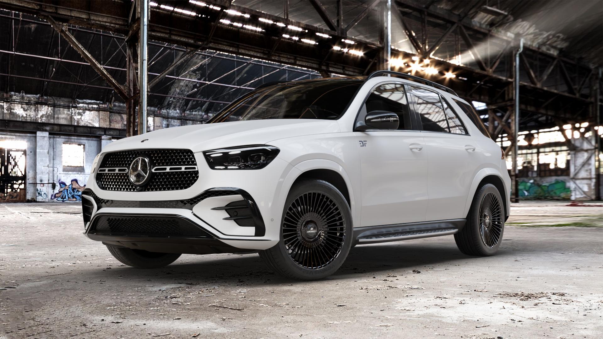 La Chanti Performance LC-P19 (Floating Cap) Glossy Black Felge mit Reifen schwarz in 21Zoll Winterfelge Alufelge auf weissem Mercedes GLE-Klasse SUV Typ V167 (H1GLE) Facelift ⬇️ mit 15mm Tieferlegung ⬇️ Old Industrial Hall_max_5300mm_2024 Frontansicht_1