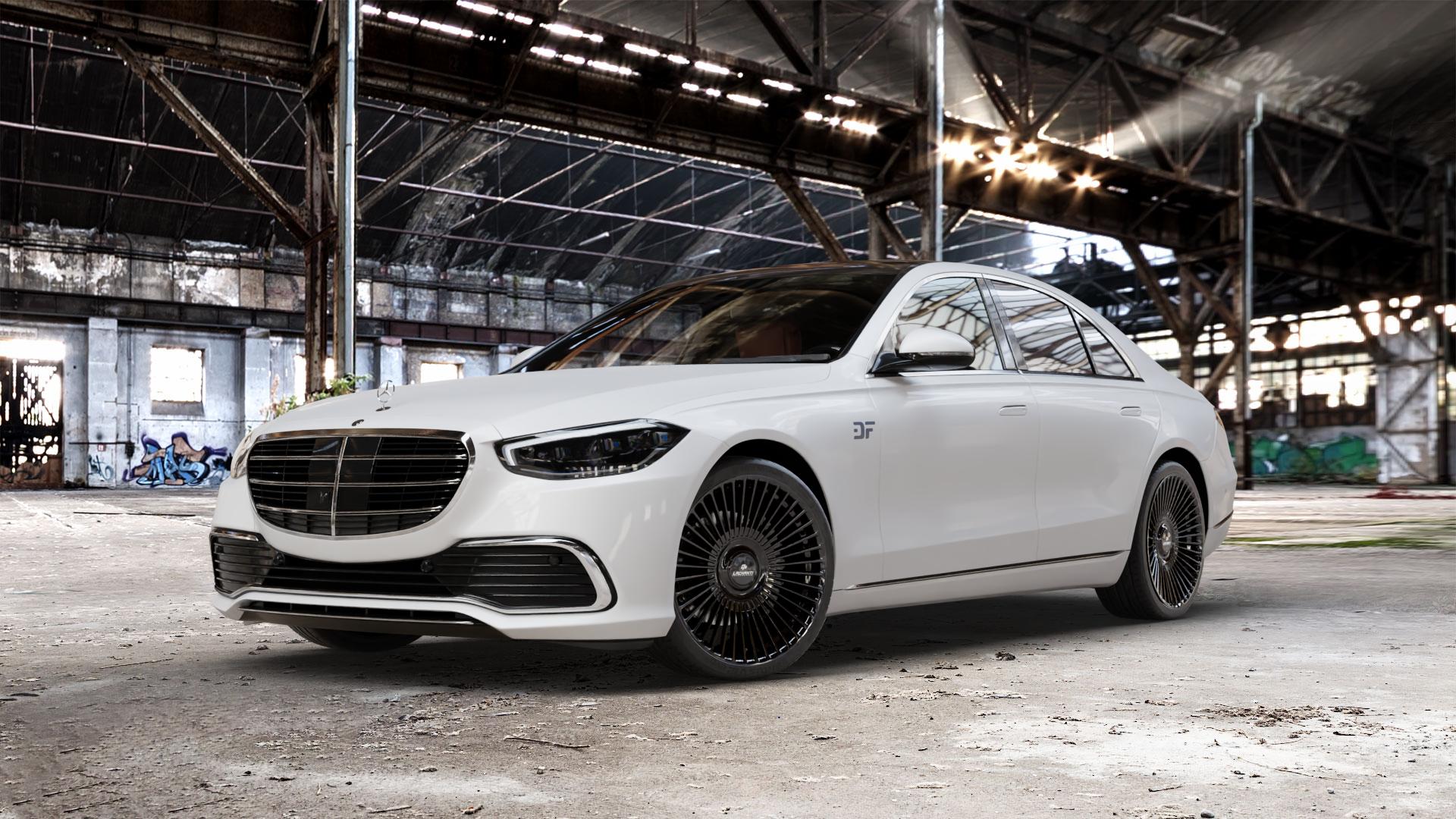 La Chanti Performance LC-P19 (Floating Cap) Glossy Black Felge mit Reifen schwarz in 21Zoll Winterfelge Alufelge auf weissem Mercedes S-Klasse Typ W223 (R2S) ⬇️ mit 15mm Tieferlegung ⬇️ Old Industrial Hall_max_5300mm_2024 Frontansicht_1