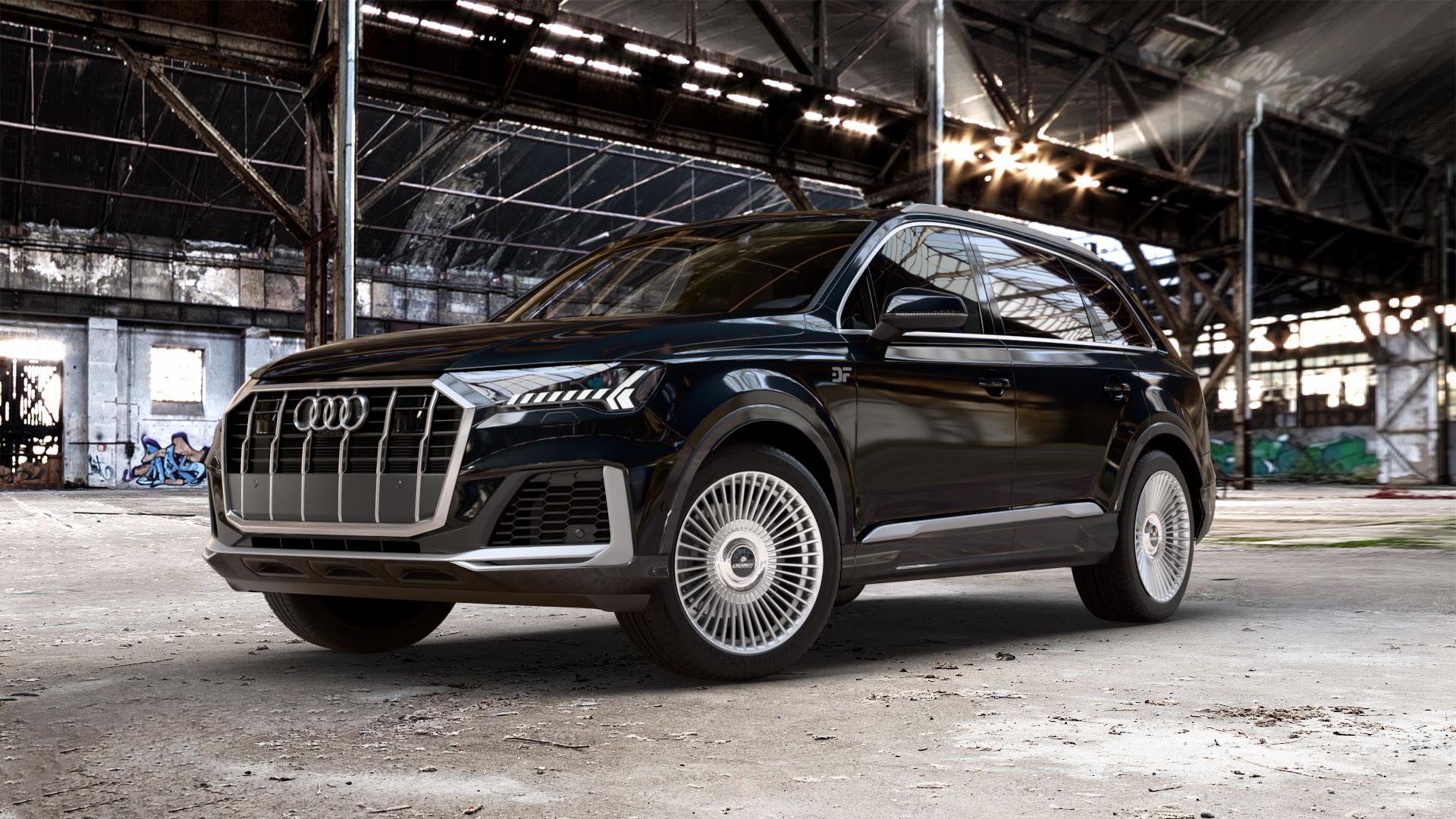 La Chanti Performance LC-P19 (Floating Cap) Machined Silver Felge mit Reifen silber in 20Zoll Alufelge auf metallic schwarzem Audi Q7 II Typ 4M (4L) Facelift 19-> ⬇️ mit 15mm Tieferlegung ⬇️ Old Industrial Hall_max_5300mm_2024 Frontansicht_1
