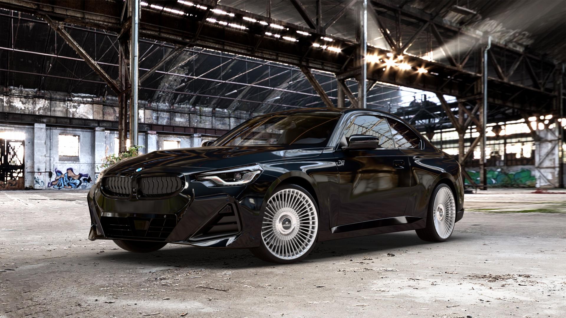 La Chanti Performance LC-P19 (Floating Cap) Machined Silver Felge mit Reifen silber in 20Zoll Alufelge auf metallic schwarzem BMW 2er G42 Coupé (G2C) ⬇️ mit 15mm Tieferlegung ⬇️ Old Industrial Hall_max_5300mm_2024 Frontansicht_1