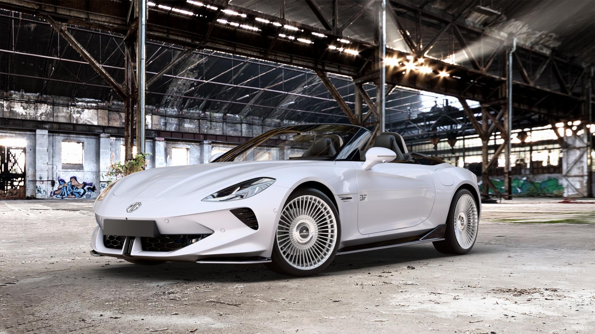 La Chanti Performance LC-P19 (Floating Cap) Machined Silver Felge mit Reifen silber in 20Zoll Alufelge auf Weiss Uni MG Cyberster Typ EC3A ⬇️ mit 15mm Tieferlegung ⬇️ Old Industrial Hall_max_5300mm_2024 Frontansicht_1