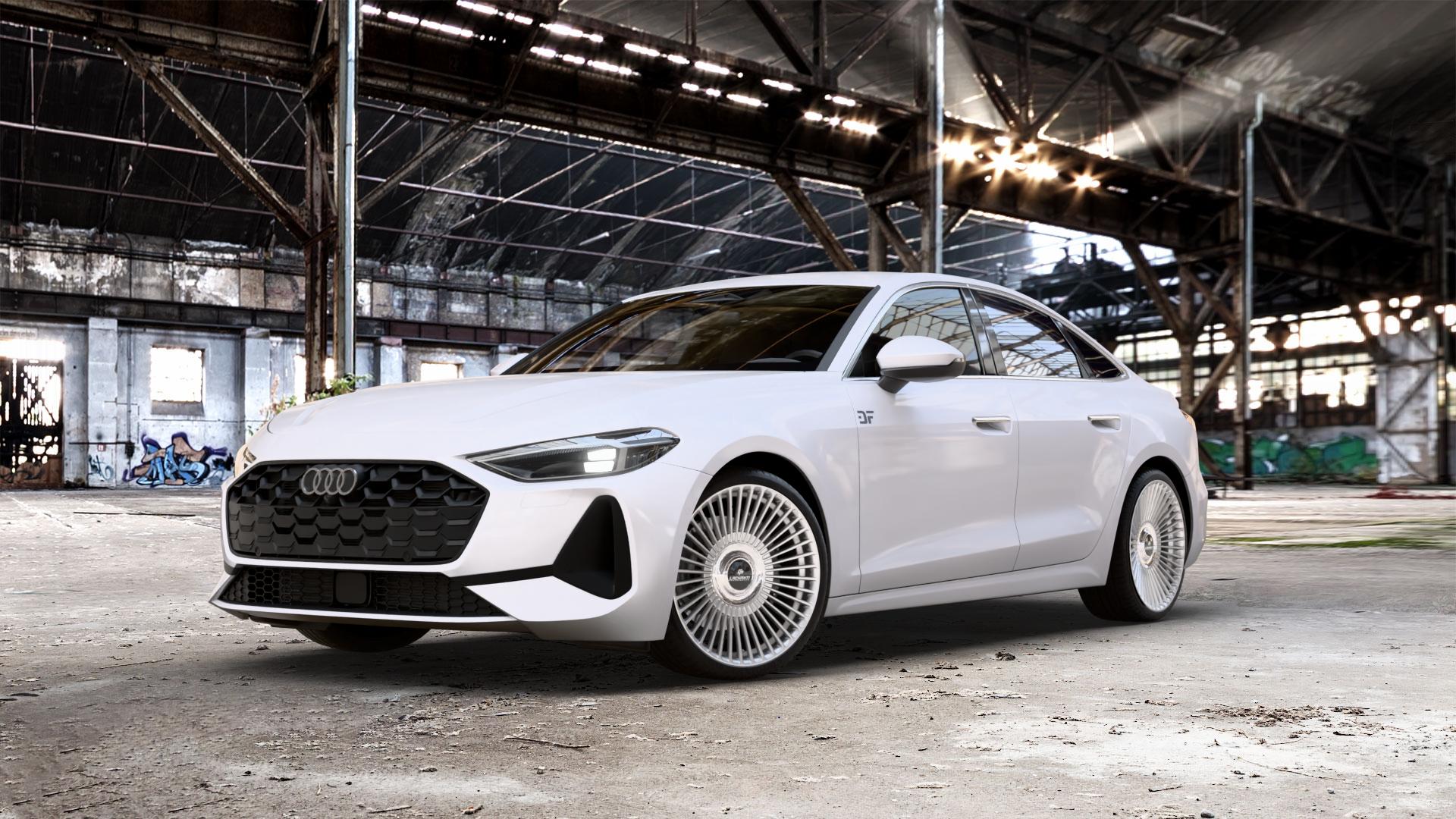 La Chanti Performance LC-P19 (Floating Cap) Machined Silver Felge mit Reifen silber in 20Zoll Alufelge auf weissem Audi A5 Typ B10 (Limousine) 2,0l TDI 150kW Mild-Hybrid (204 PS) quattro TSI 110kW (150 3,0l S5 270kW (367 ⬇️ mit 15mm Tieferlegung ⬇️ Old Industrial Hall_max_5300mm_2024 Frontansicht_1