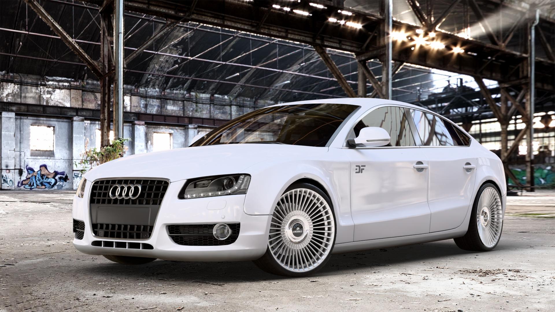 La Chanti Performance LC-P19 (Floating Cap) Machined Silver Felge mit Reifen silber in 20Zoll Alufelge auf weissem Audi A5 Typ B8 (Sportback) ⬇️ mit 15mm Tieferlegung ⬇️ Old Industrial Hall_max_4400mm_2024 Frontansicht_1