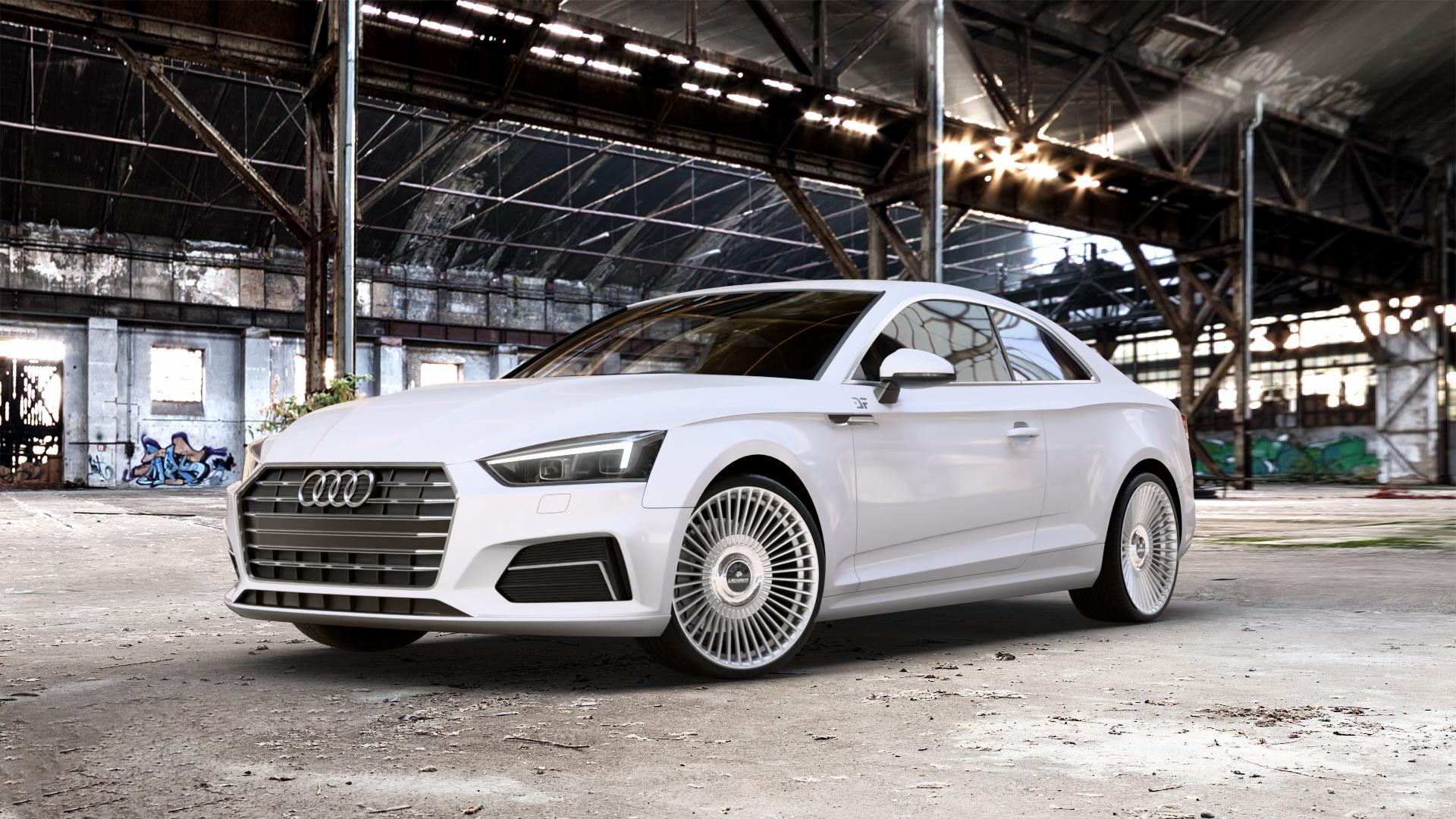 La Chanti Performance LC-P19 (Floating Cap) Machined Silver Felge mit Reifen silber in 20Zoll Alufelge auf weissem Audi A5 Typ B9 (Coupé) ⬇️ mit 15mm Tieferlegung ⬇️ Old Industrial Hall_max_5300mm_2024 Frontansicht_1
