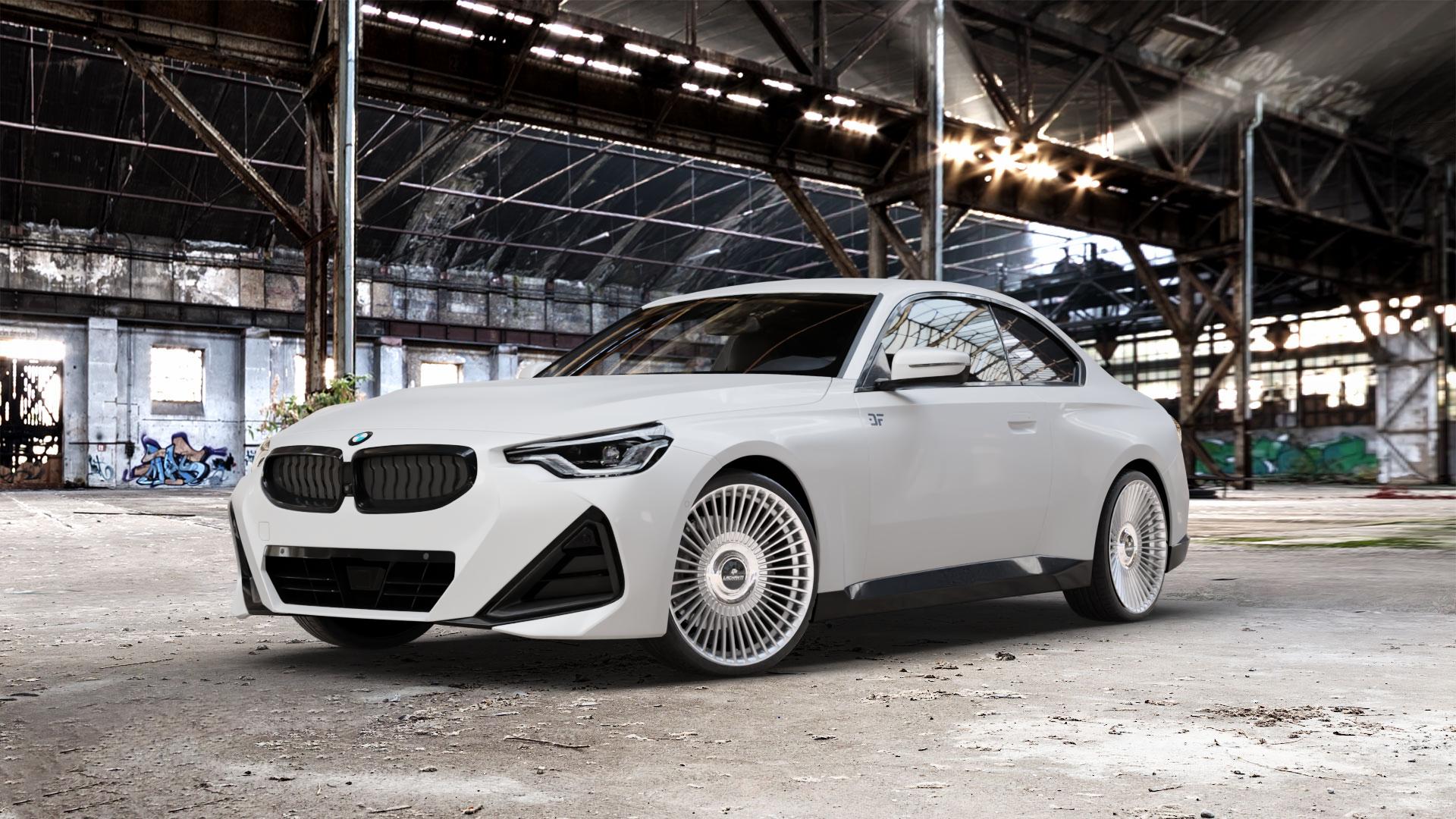 La Chanti Performance LC-P19 (Floating Cap) Machined Silver Felge mit Reifen silber in 20Zoll Alufelge auf weissem BMW 2er G42 Coupé (G2C) ⬇️ mit 15mm Tieferlegung ⬇️ Old Industrial Hall_max_5300mm_2024 Frontansicht_1