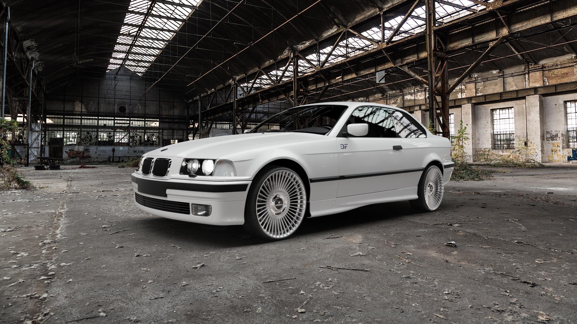 La Chanti Performance LC-P19 (Floating Cap) Machined Silver Felge mit Reifen silber in 20Zoll Alufelge auf weissem BMW 316i Typ E36 (Compact) 318ti 323ti 318tds (Coupé) 320i 323i 325i 328i 318is 3er Coupé (3/B) Compact (3C, 3/CG) 8er E31 (8/E, M8/E) ⬇️ mit 15mm Tieferlegung ⬇️ Old Industrial Hall_max5000mm_2022 Frontansicht_1