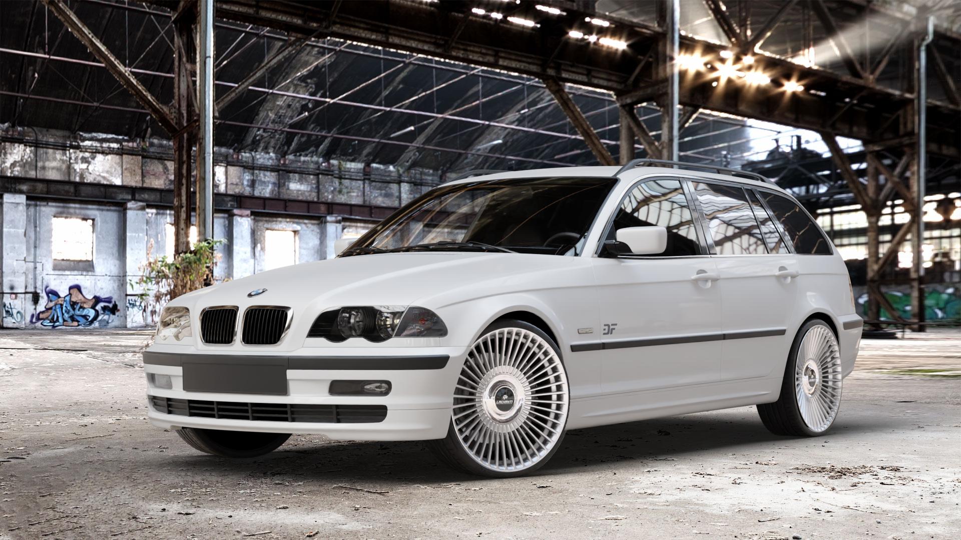 La Chanti Performance LC-P19 (Floating Cap) Machined Silver Felge mit Reifen silber in 20Zoll Alufelge auf weissem BMW 316i Typ E46 (Touring) 318d 318i 320d 320i 325i 325xi 328i 330d 330i 330xd 330xi 3er Touring (346L) ⬇️ mit 15mm Tieferlegung ⬇️ Old Industrial Hall_max_4400mm_2024 Frontansicht_1