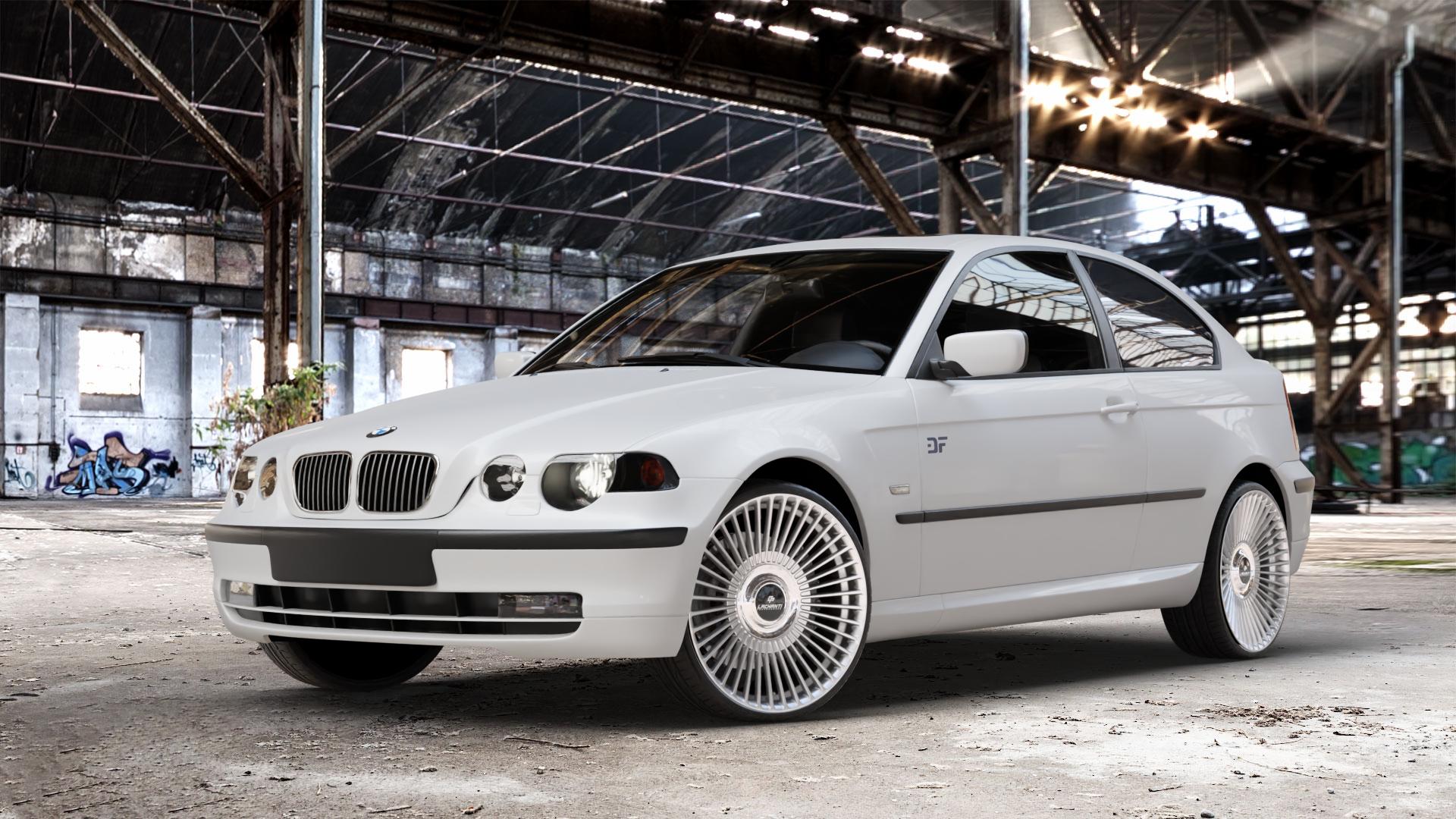 La Chanti Performance LC-P19 (Floating Cap) Machined Silver Felge mit Reifen silber in 20Zoll Alufelge auf weissem BMW 316ti Typ E46 (Compact) 318ti 325ti 318td 320td 3er Compact (346K) ⬇️ mit 15mm Tieferlegung ⬇️ Old Industrial Hall_max_4400mm_2024 Frontansicht_1