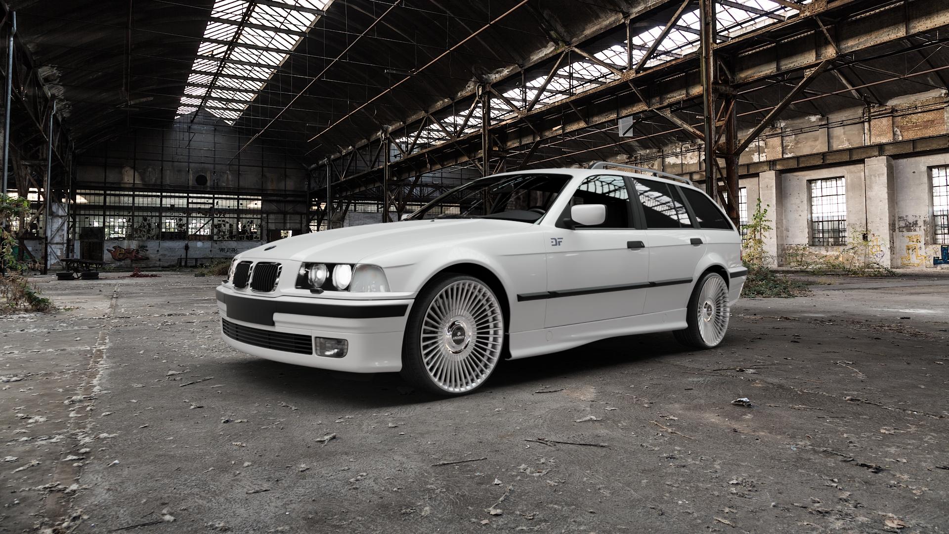 La Chanti Performance LC-P19 (Floating Cap) Machined Silver Felge mit Reifen silber in 20Zoll Alufelge auf weissem BMW 318tds Typ E36 (Touring) 316i 318i 320i 323i 328i 325tds 3er Touring (3/C) ⬇️ mit 15mm Tieferlegung ⬇️ Old Industrial Hall_max5000mm_2022 Frontansicht_1