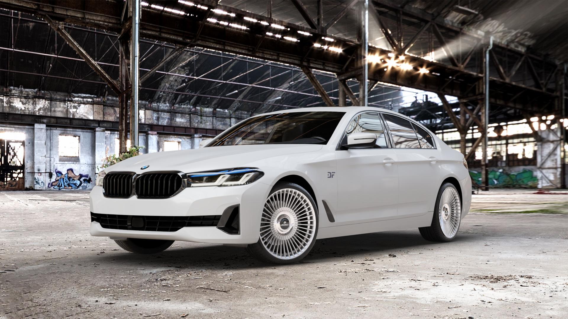 La Chanti Performance LC-P19 (Floating Cap) Machined Silver Felge mit Reifen silber in 20Zoll Alufelge auf weissem BMW 5er G30 Limousine (G5L) Facelift ⬇️ mit 15mm Tieferlegung ⬇️ Old Industrial Hall_max_5300mm_2024 Frontansicht_1