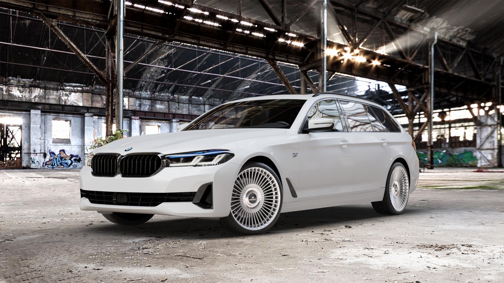 La Chanti Performance LC-P19 (Floating Cap) Machined Silver Felge mit Reifen silber in 20Zoll Alufelge auf weissem BMW 5er G31 Touring (G5K) Facelift ⬇️ mit 15mm Tieferlegung ⬇️ Old Industrial Hall_max_5300mm_2024 Frontansicht_1