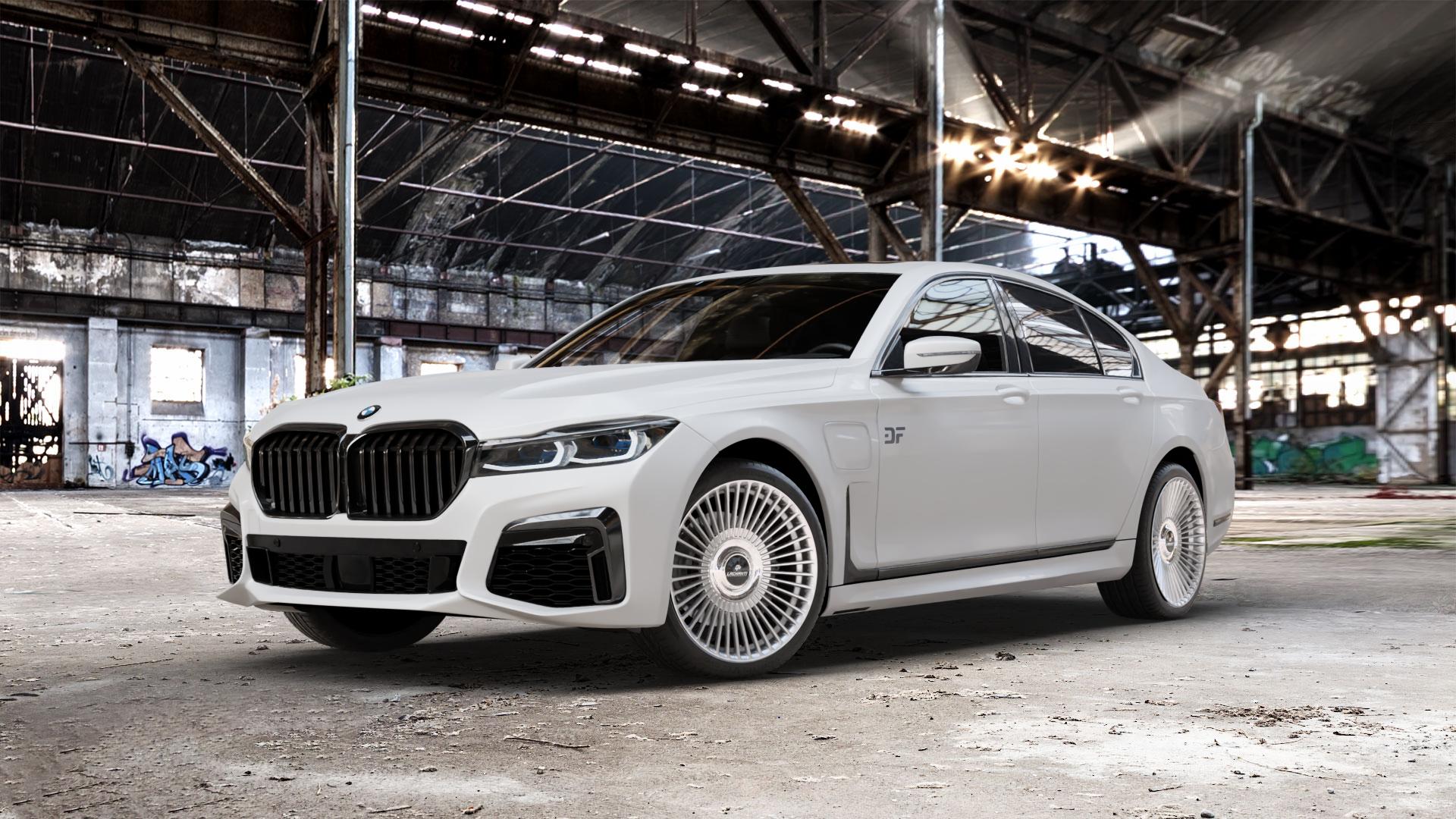 La Chanti Performance LC-P19 (Floating Cap) Machined Silver Felge mit Reifen silber in 20Zoll Alufelge auf weissem BMW 730i Typ G11 Facelift 740i 745e 750i xDrive 7er Limousine (7L) ⬇️ mit 15mm Tieferlegung ⬇️ Old Industrial Hall_max_5300mm_2024 Frontansicht_1