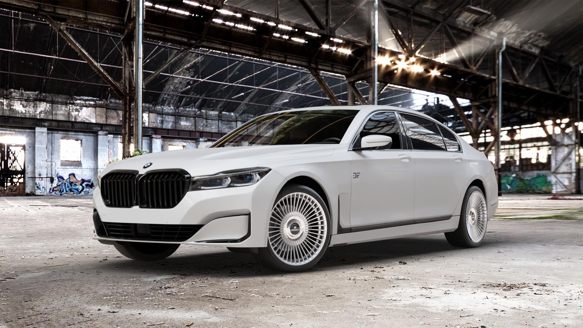 La Chanti Performance LC-P19 (Floating Cap) Machined Silver Felge mit Reifen silber in 20Zoll Alufelge auf weissem BMW 730Li Typ G12 Facelift 740Li xDrive 745Le 750Li M760Li 7er Limousine lang (7L) ⬇️ mit 15mm Tieferlegung ⬇️ Old Industrial Hall_max_5300mm_2024 Frontansicht_1