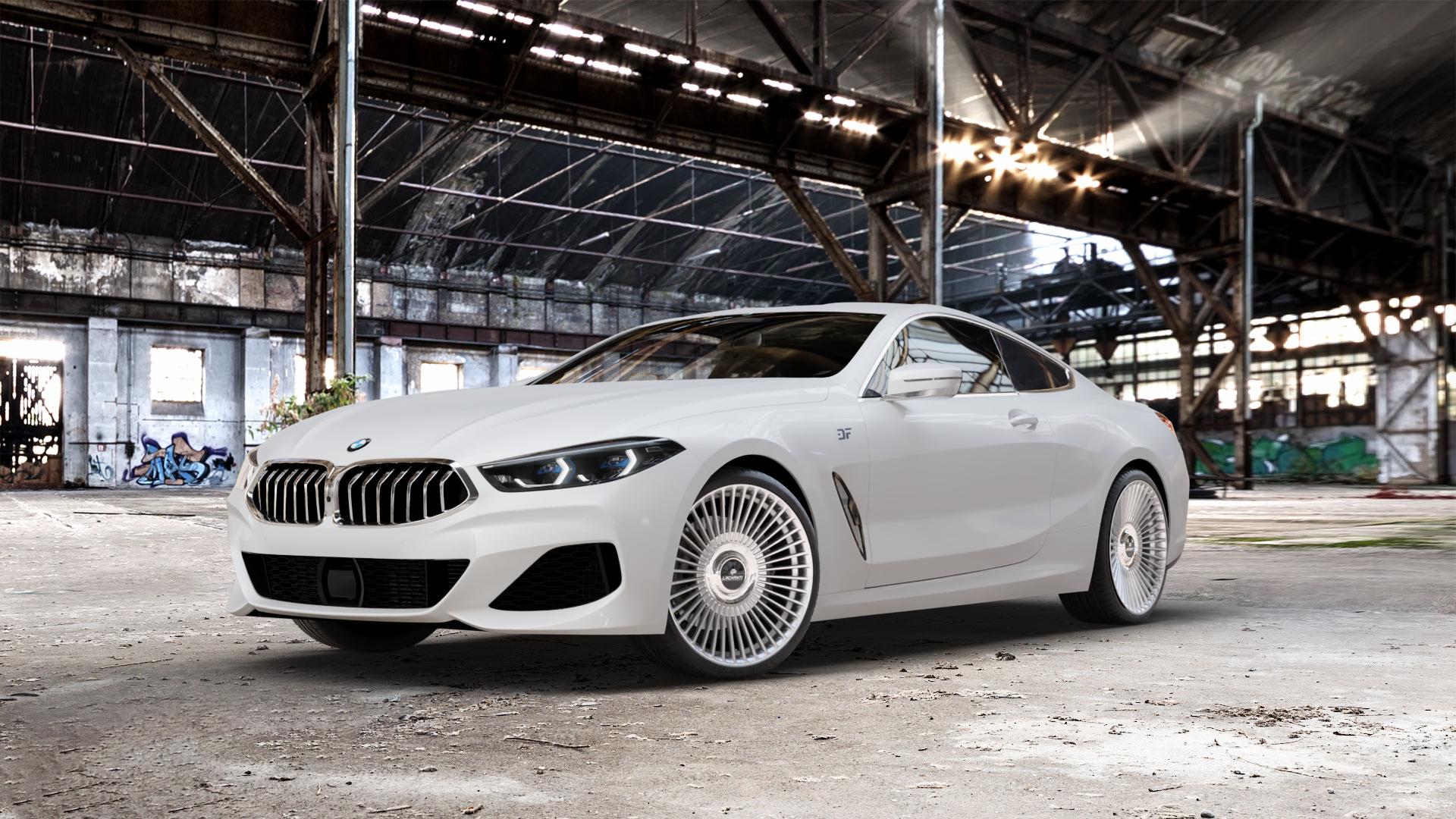 La Chanti Performance LC-P19 (Floating Cap) Machined Silver Felge mit Reifen silber in 20Zoll Alufelge auf weissem BMW 840d xDrive Typ G15 M850i 840i M8 F8CM (Coupe) 8er Coupé (G8C) ⬇️ mit 15mm Tieferlegung ⬇️ Old Industrial Hall_max_5300mm_2024 Frontansicht_1