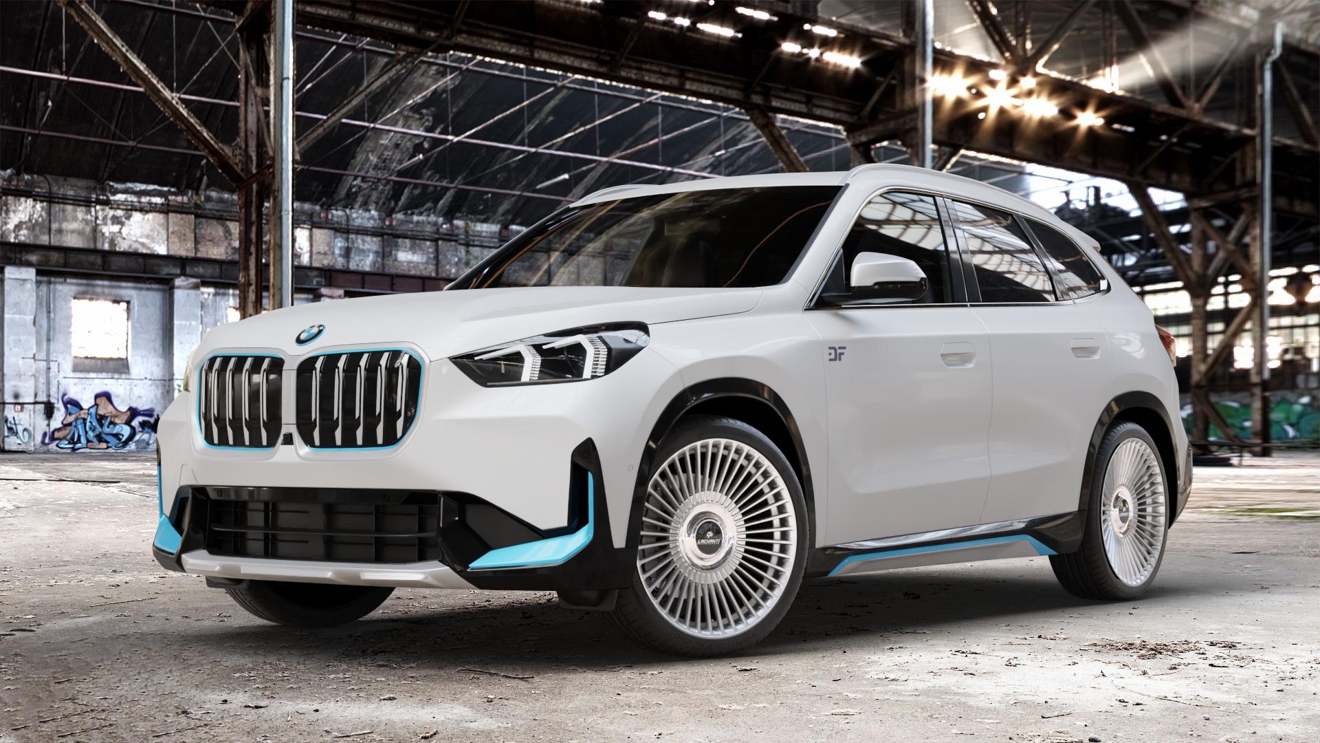 La Chanti Performance LC-P19 (Floating Cap) Machined Silver Felge mit Reifen silber in 20Zoll Alufelge auf weissem BMW iX1 (U1X) ⬇️ mit 15mm Tieferlegung ⬇️ Old Industrial Hall_max_4400mm_2024 Frontansicht_1
