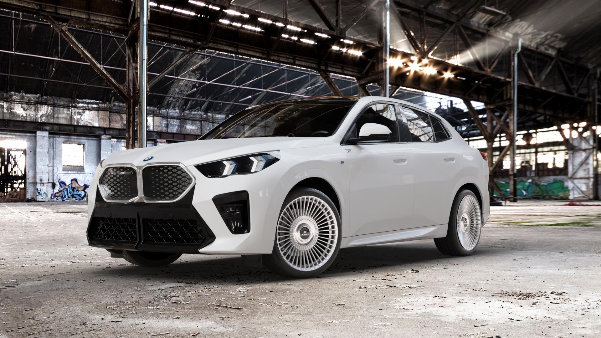 La Chanti Performance LC-P19 (Floating Cap) Machined Silver Felge mit Reifen silber in 20Zoll Alufelge auf weissem BMW iX2 Typ U10 (U2X) ⬇️ mit 15mm Tieferlegung ⬇️ Old Industrial Hall_max_5300mm_2024 Frontansicht_1