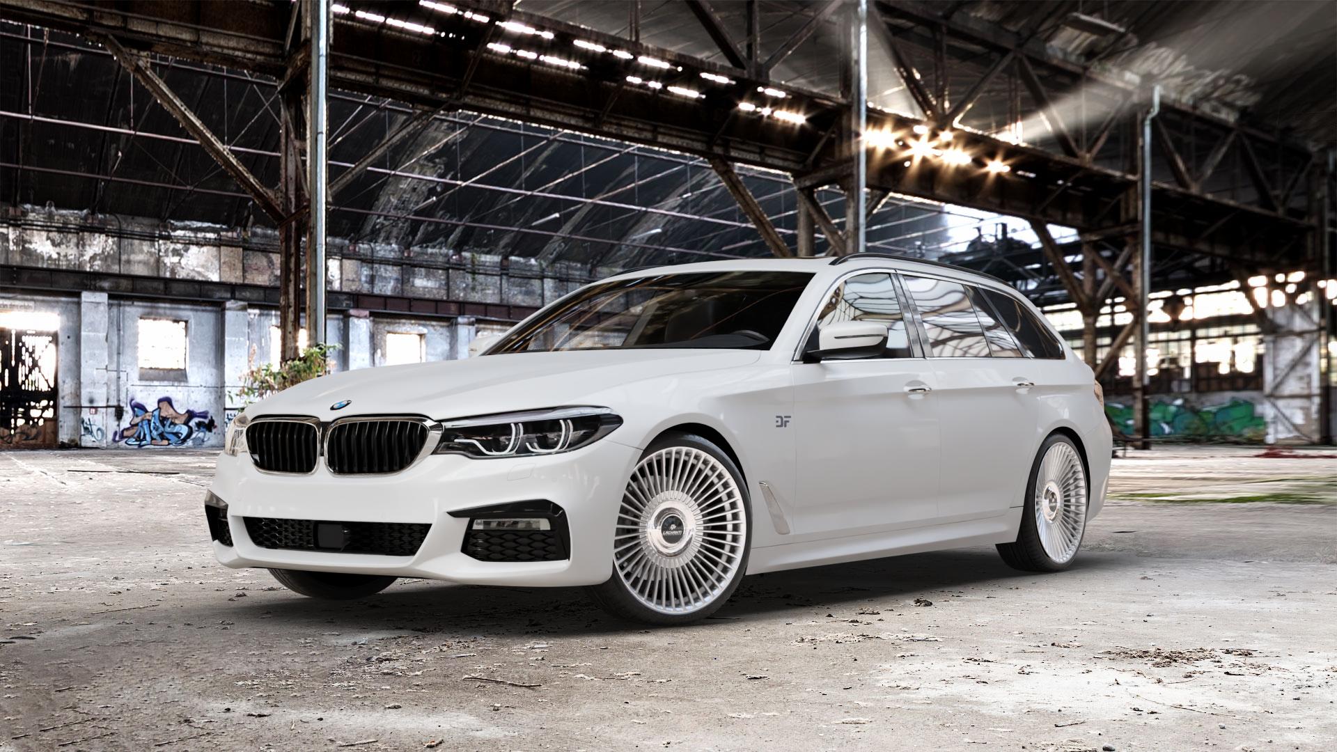 La Chanti Performance LC-P19 (Floating Cap) Machined Silver Felge mit Reifen silber in 20Zoll Alufelge auf weissem BMW M5 Typ F90 (Limousine) Facelift 5er G31 Touring (G5K) ⬇️ mit 15mm Tieferlegung ⬇️ Old Industrial Hall_max_5300mm_2024 Frontansicht_1
