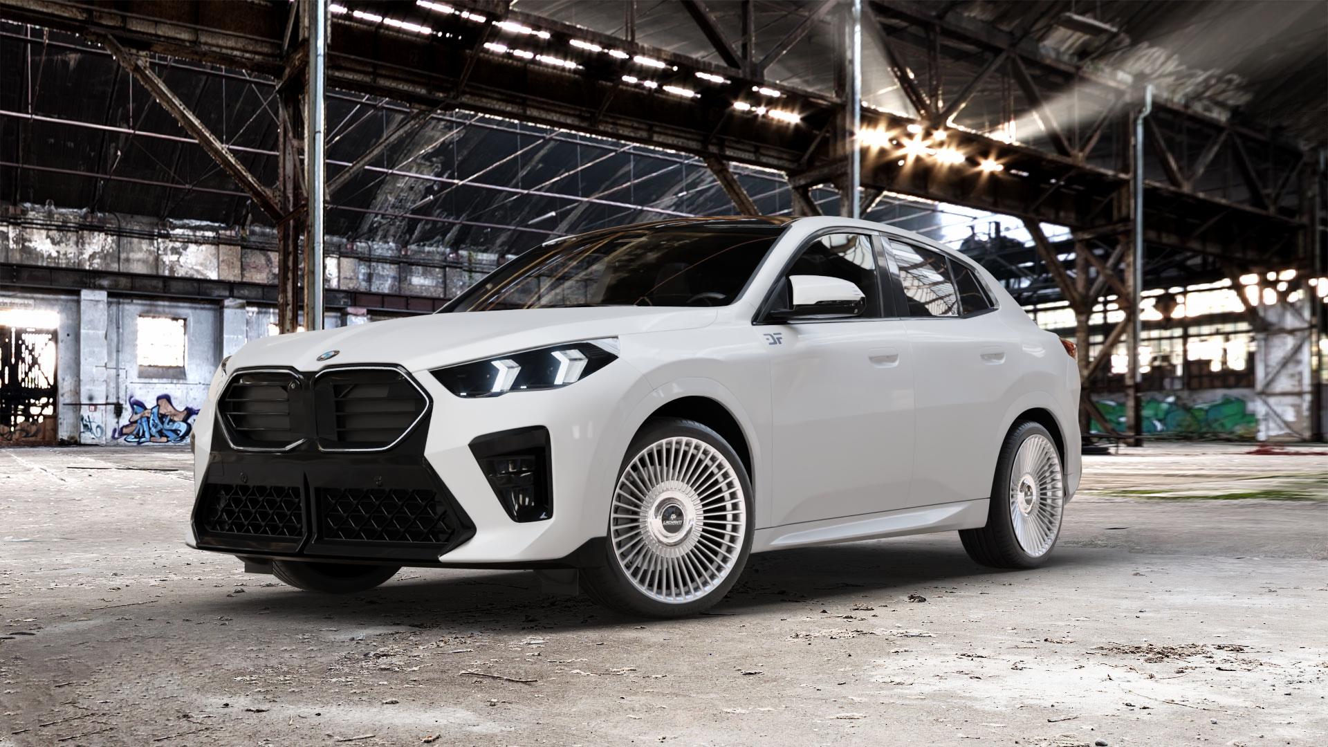 La Chanti Performance LC-P19 (Floating Cap) Machined Silver Felge mit Reifen silber in 20Zoll Alufelge auf weissem BMW X2 Typ U10 (U2X) ⬇️ mit 15mm Tieferlegung ⬇️ Old Industrial Hall_max_5300mm_2024 Frontansicht_1