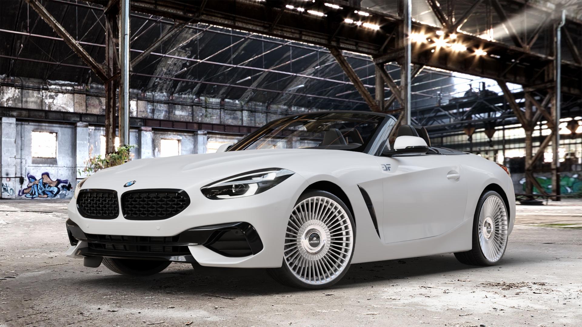 La Chanti Performance LC-P19 (Floating Cap) Machined Silver Felge mit Reifen silber in 20Zoll Alufelge auf weissem BMW Z4 Roadster Typ G29 (G4Z) Z1 Z8 ⬇️ mit 15mm Tieferlegung ⬇️ Old Industrial Hall_max_4400mm_2024 Frontansicht_1