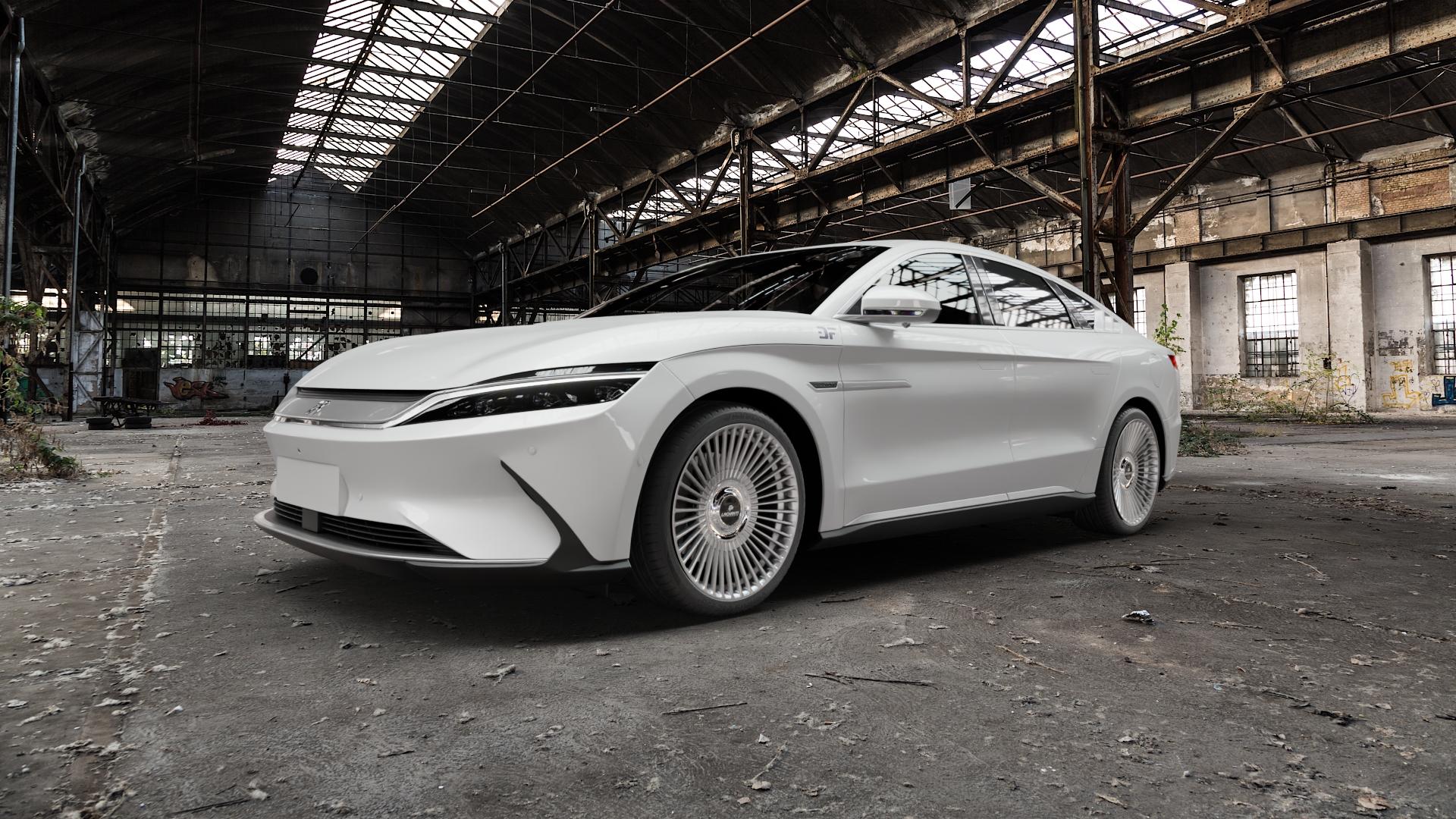 La Chanti Performance LC-P19 (Floating Cap) Machined Silver Felge mit Reifen silber in 20Zoll Alufelge auf weissem BYD Han Typ HC ⬇️ mit 15mm Tieferlegung ⬇️ Old Industrial Hall_max5000mm_2022 Frontansicht_1