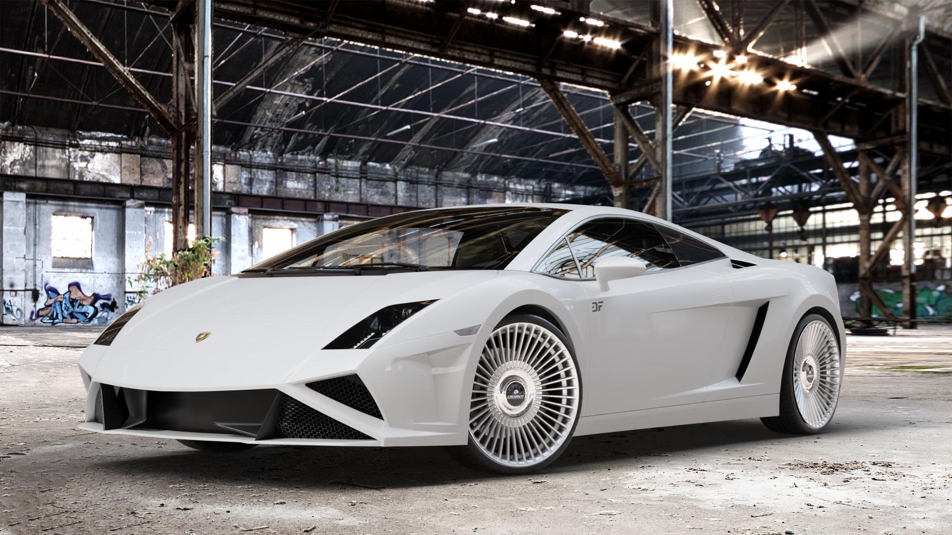 La Chanti Performance LC-P19 (Floating Cap) Machined Silver Felge mit Reifen silber in 20Zoll Alufelge auf weissem Lamborghini Gallardo ⬇️ mit 15mm Tieferlegung ⬇️ Old Industrial Hall_max_4400mm_2024 Frontansicht_1