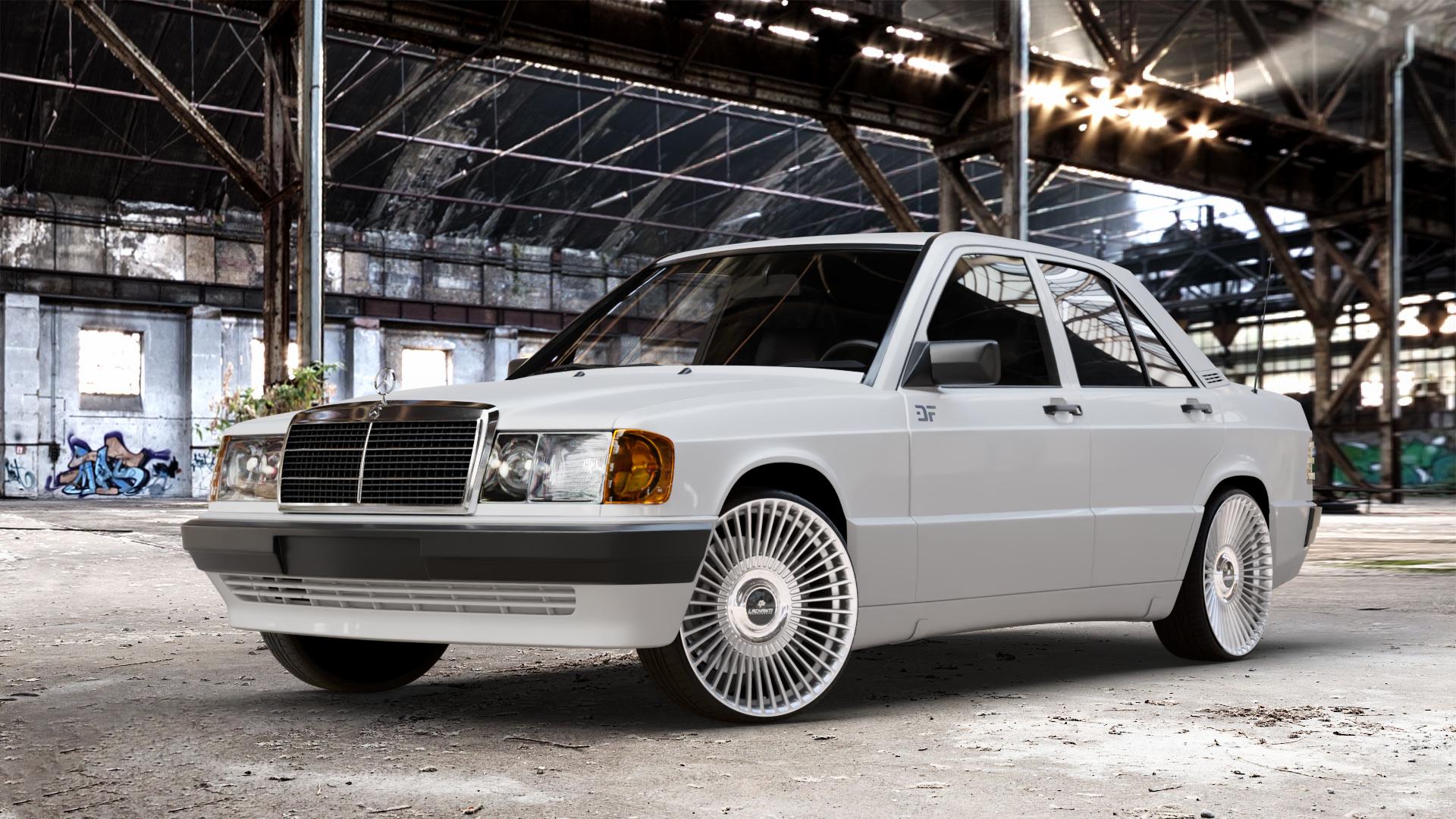 La Chanti Performance LC-P19 (Floating Cap) Machined Silver Felge mit Reifen silber in 20Zoll Alufelge auf weissem Mercedes 190 Typ W201 190er ⬇️ mit 15mm Tieferlegung ⬇️ Old Industrial Hall_max_4400mm_2024 Frontansicht_1