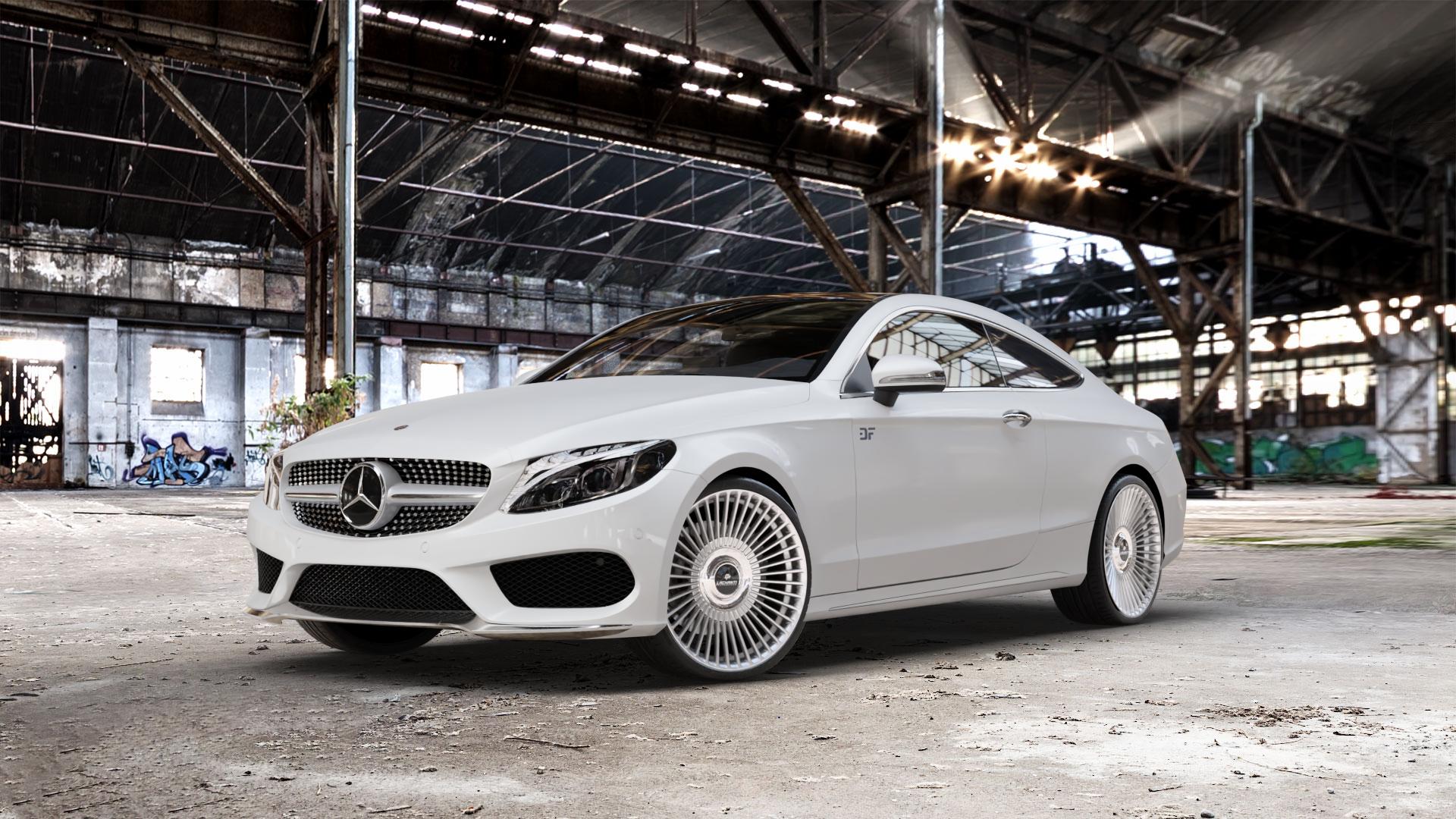 La Chanti Performance LC-P19 (Floating Cap) Machined Silver Felge mit Reifen silber in 20Zoll Alufelge auf weissem Mercedes C-Klasse Typ C205 Coupe Facelift ⬇️ mit 15mm Tieferlegung ⬇️ Old Industrial Hall_max_5300mm_2024 Frontansicht_1