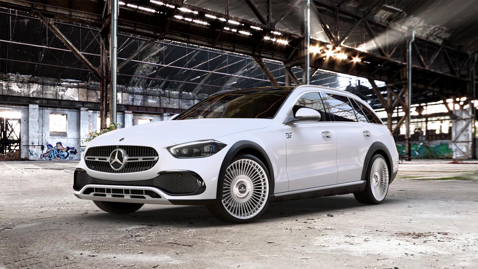 La Chanti Performance LC-P19 (Floating Cap) Machined Silver Felge mit Reifen silber in 20Zoll Alufelge auf weissem Mercedes C-Klasse Typ S206 All-Terrain 1,5l C 200 4Matic 150kW Mild-Hybrid (204 PS) 2,0l 220d 145kW (197 ⬇️ mit 15mm Tieferlegung ⬇️ Old Industrial Hall_max_5300mm_2024 Frontansicht_1