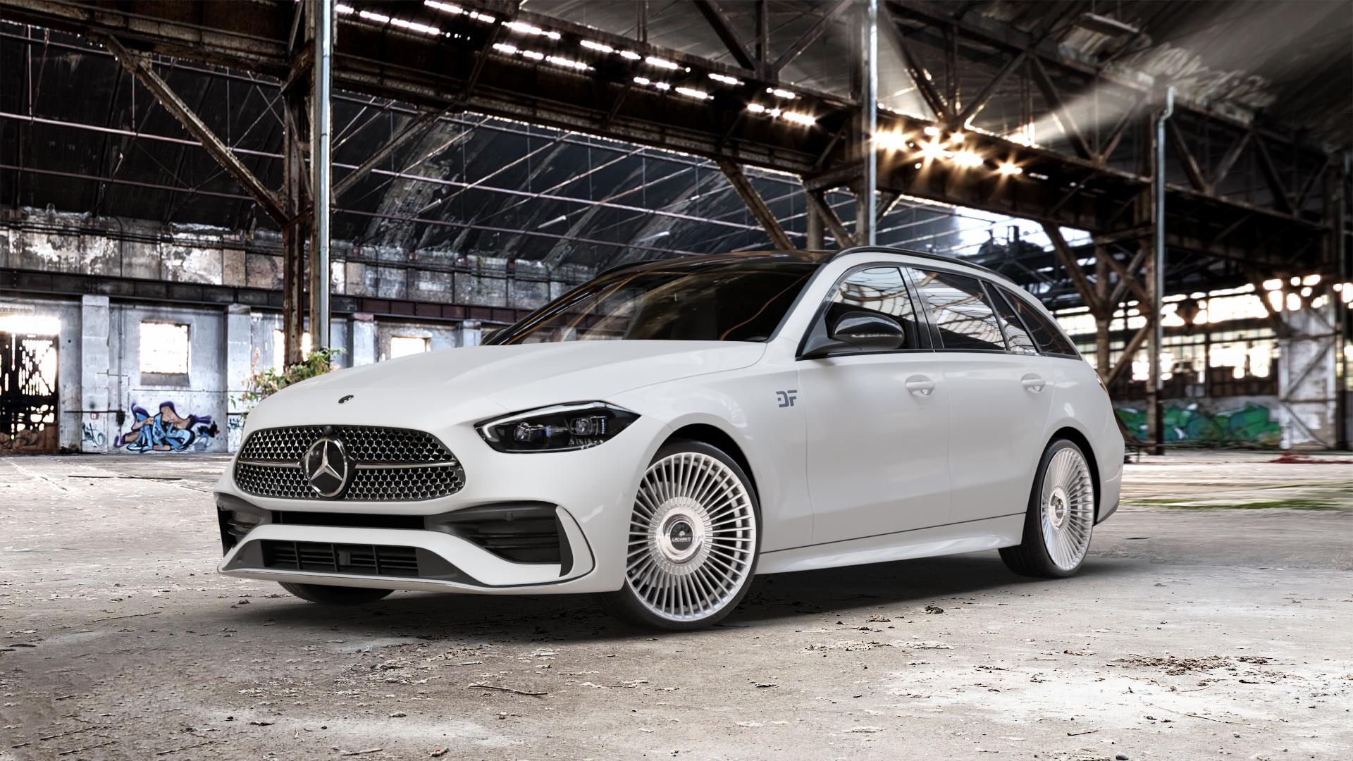 La Chanti Performance LC-P19 (Floating Cap) Machined Silver Felge mit Reifen silber in 20Zoll Alufelge auf weissem Mercedes C-Klasse Typ S206 Kombi ⬇️ mit 15mm Tieferlegung ⬇️ Old Industrial Hall_max_5300mm_2024 Frontansicht_1