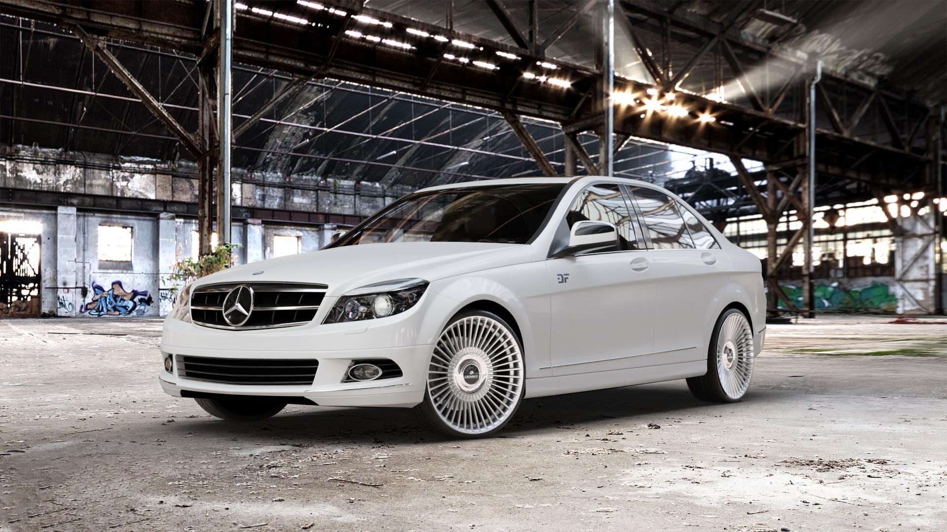 La Chanti Performance LC-P19 (Floating Cap) Machined Silver Felge mit Reifen silber in 20Zoll Alufelge auf weissem Mercedes C-Klasse Typ W204 Limousine ⬇️ mit 15mm Tieferlegung ⬇️ Old Industrial Hall_max_5300mm_2024 Frontansicht_1
