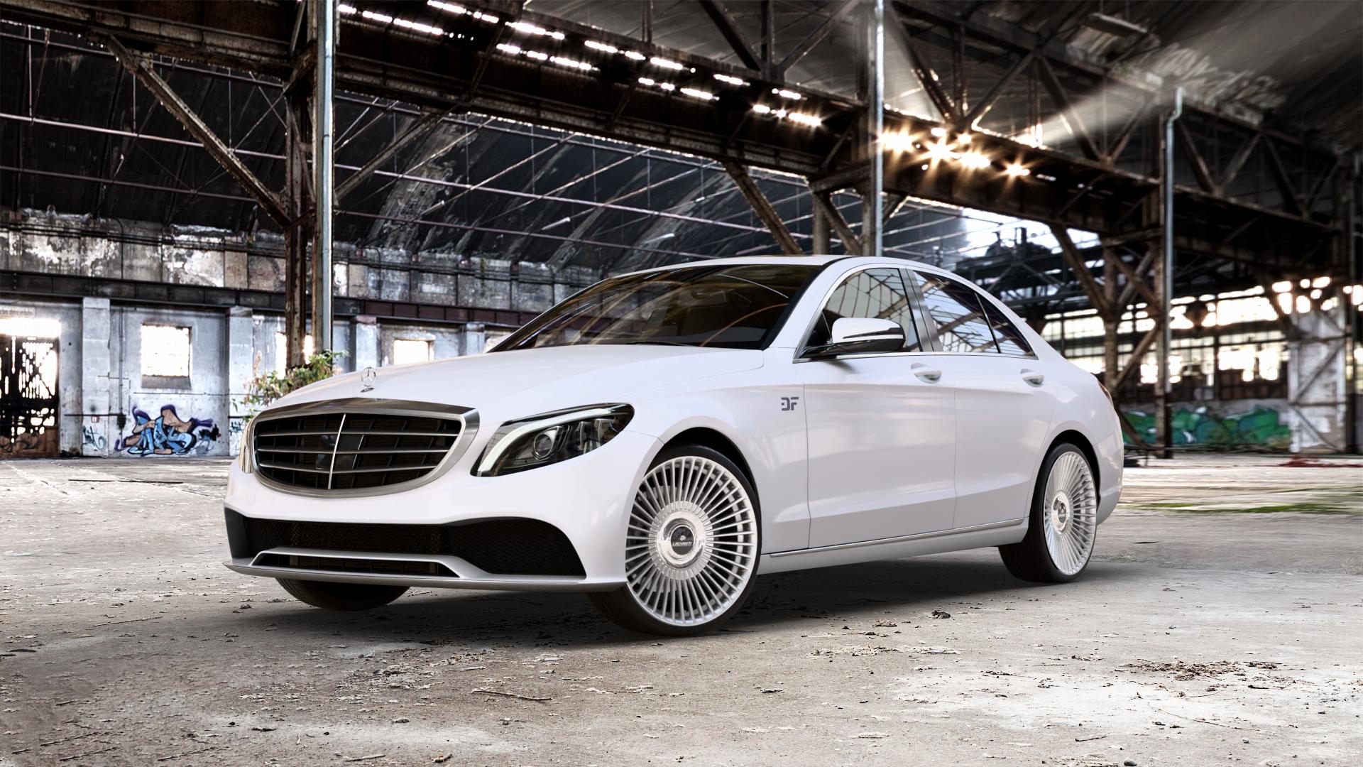 La Chanti Performance LC-P19 (Floating Cap) Machined Silver Felge mit Reifen silber in 20Zoll Alufelge auf weissem Mercedes C-Klasse Typ W205 Limousine Facelift ⬇️ mit 15mm Tieferlegung ⬇️ Old Industrial Hall_max_5300mm_2024 Frontansicht_1