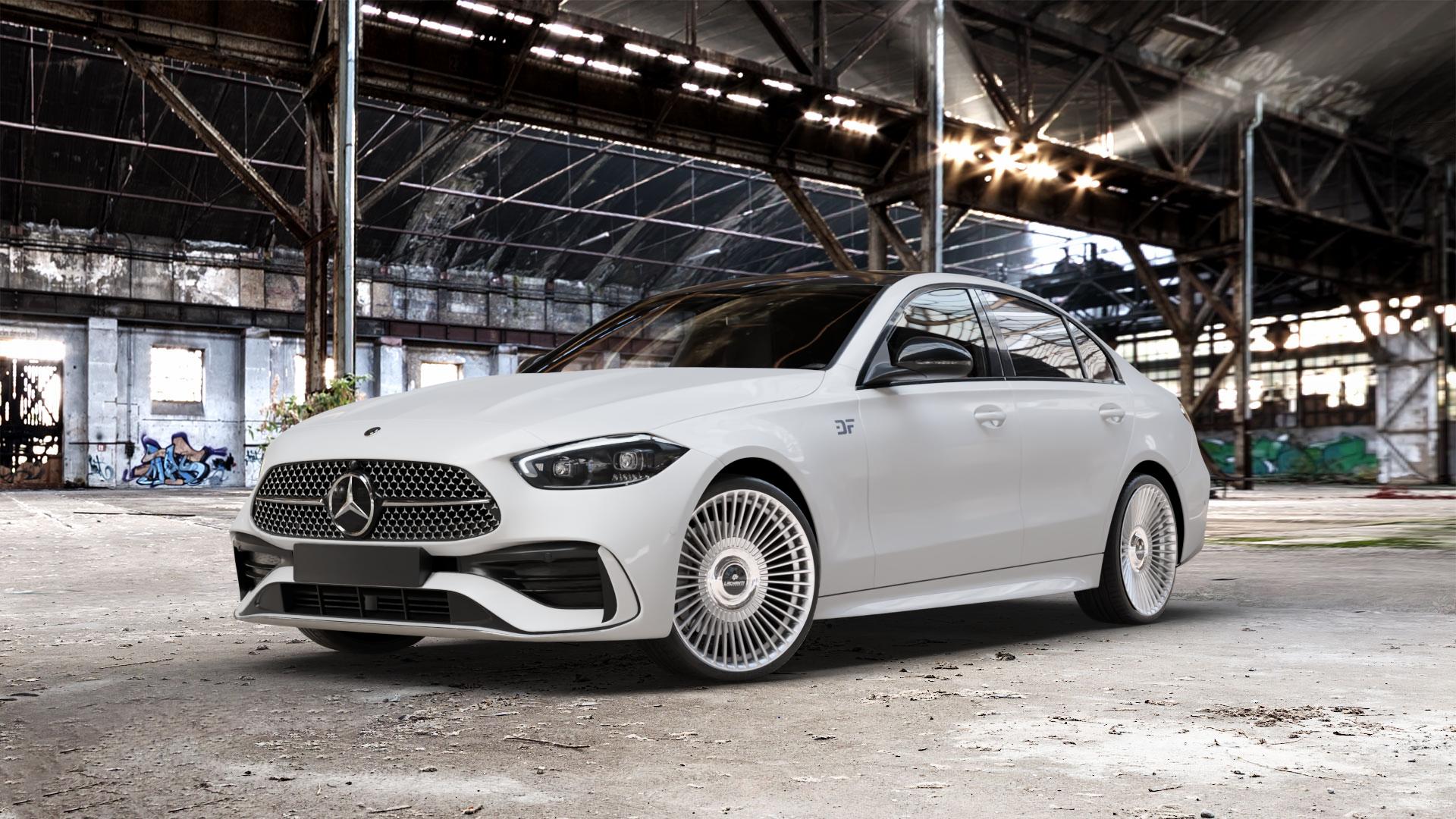 La Chanti Performance LC-P19 (Floating Cap) Machined Silver Felge mit Reifen silber in 20Zoll Alufelge auf weissem Mercedes C-Klasse Typ W206 Limousine ⬇️ mit 15mm Tieferlegung ⬇️ Old Industrial Hall_max_5300mm_2024 Frontansicht_1