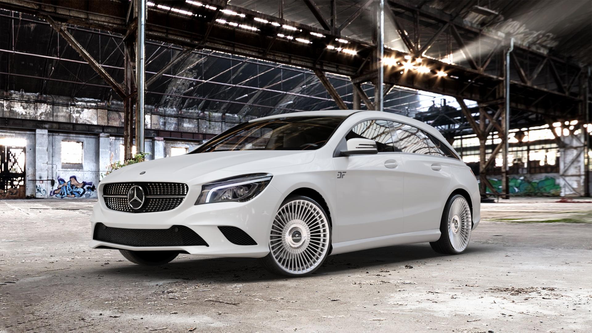 La Chanti Performance LC-P19 (Floating Cap) Machined Silver Felge mit Reifen silber in 20Zoll Alufelge auf weissem Mercedes CLA-Klasse I Shooting Brake Typ 245G ⬇️ mit 15mm Tieferlegung ⬇️ Old Industrial Hall_max_5300mm_2024 Frontansicht_1
