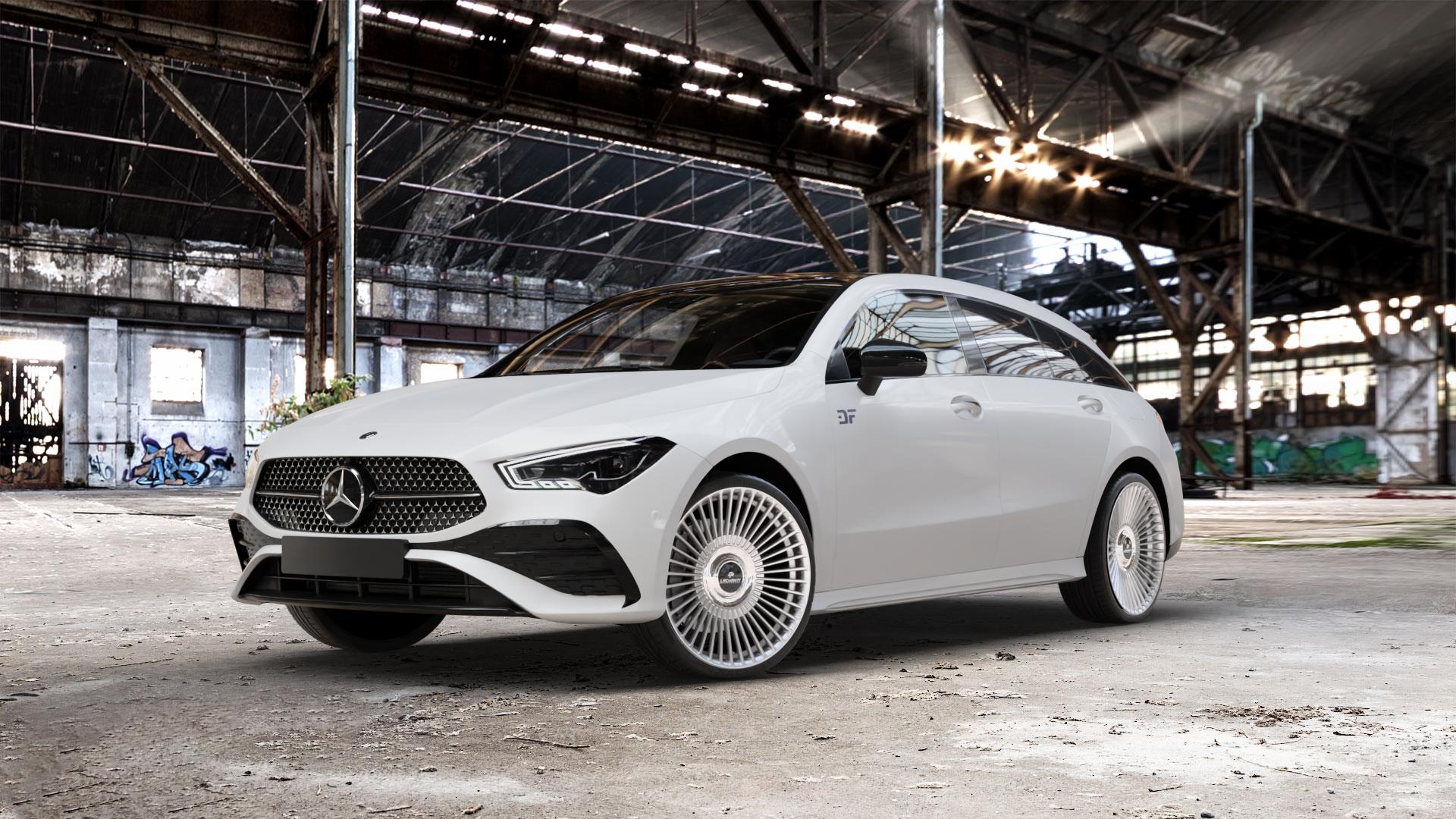 La Chanti Performance LC-P19 (Floating Cap) Machined Silver Felge mit Reifen silber in 20Zoll Alufelge auf weissem Mercedes CLA-Klasse II Shooting Brake Typ C118 (F2CLA) Facelift ⬇️ mit 15mm Tieferlegung ⬇️ Old Industrial Hall_max_5300mm_2024 Frontansicht_1