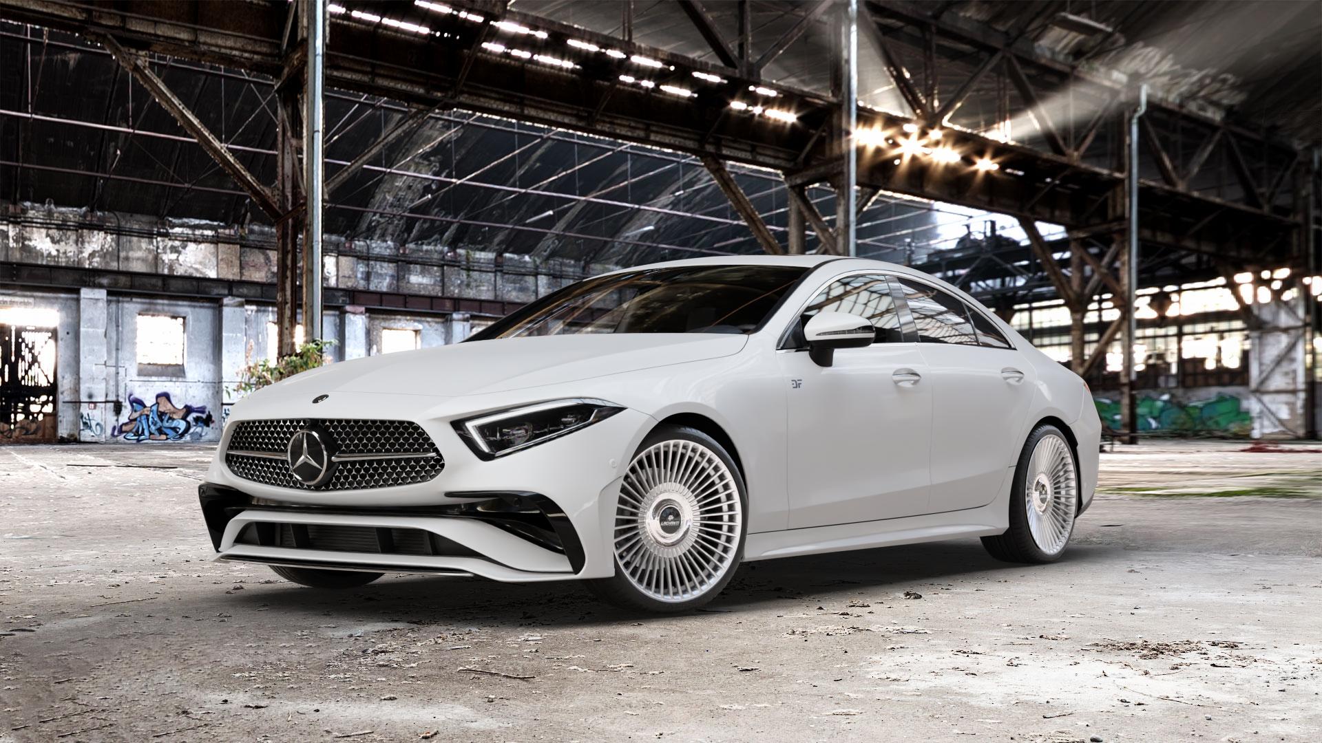 La Chanti Performance LC-P19 (Floating Cap) Machined Silver Felge mit Reifen silber in 20Zoll Alufelge auf weissem Mercedes CLS Typ C257 Facelift ⬇️ mit 15mm Tieferlegung ⬇️ Old Industrial Hall_max_5300mm_2024 Frontansicht_1