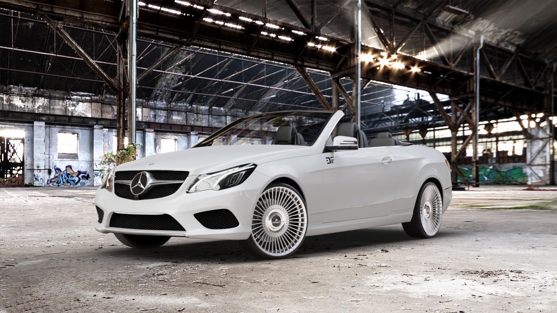 La Chanti Performance LC-P19 (Floating Cap) Machined Silver Felge mit Reifen silber in 20Zoll Alufelge auf weissem Mercedes E-Klasse Typ A207 Cabriolet Facelift Cabrio ⬇️ mit 15mm Tieferlegung ⬇️ Old Industrial Hall_max_5300mm_2024 Frontansicht_1