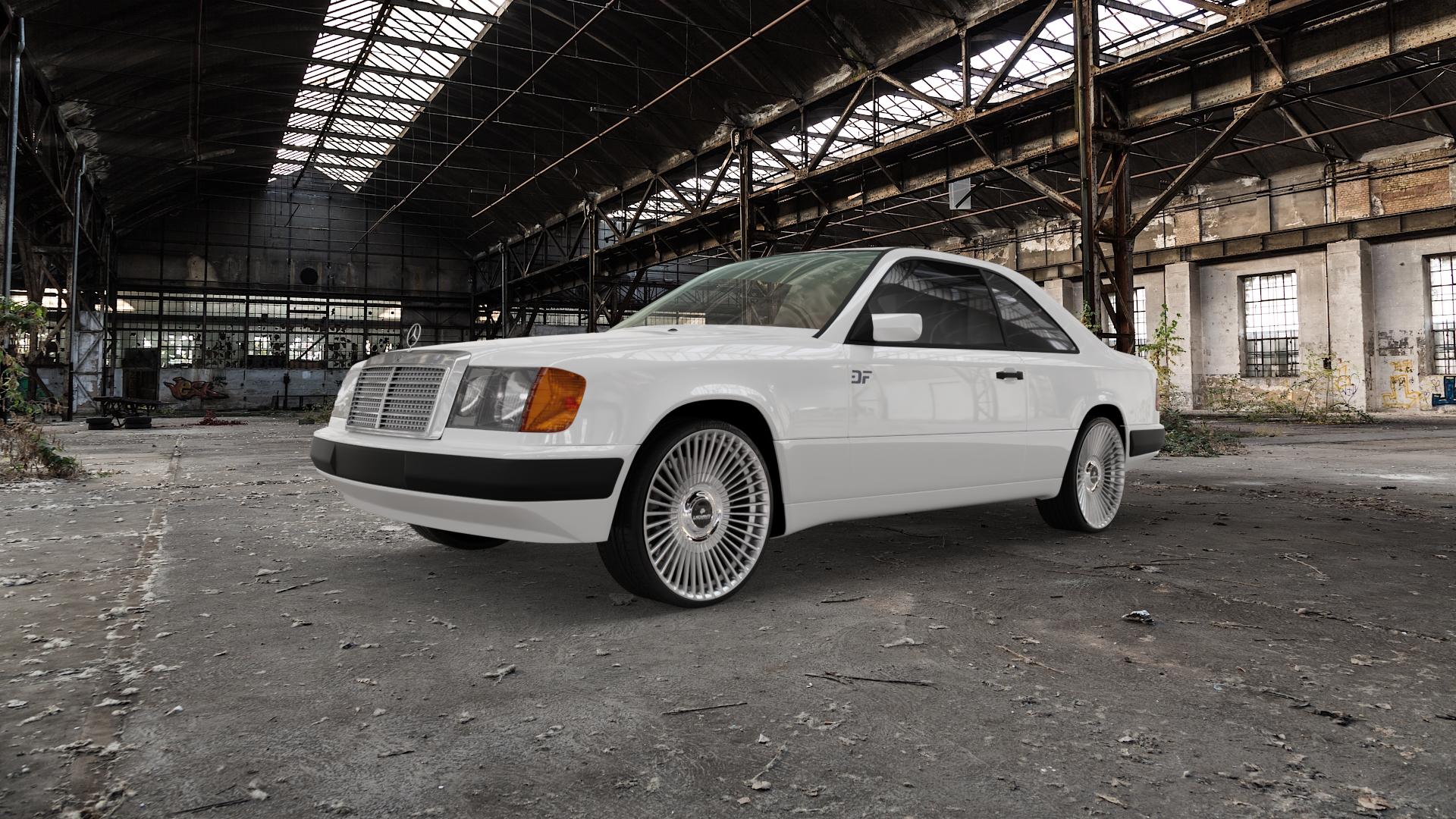 La Chanti Performance LC-P19 (Floating Cap) Machined Silver Felge mit Reifen silber in 20Zoll Alufelge auf weissem Mercedes E-Klasse Typ W124 Coupe ⬇️ mit 15mm Tieferlegung ⬇️ Old Industrial Hall_max5000mm_2022 Frontansicht_1