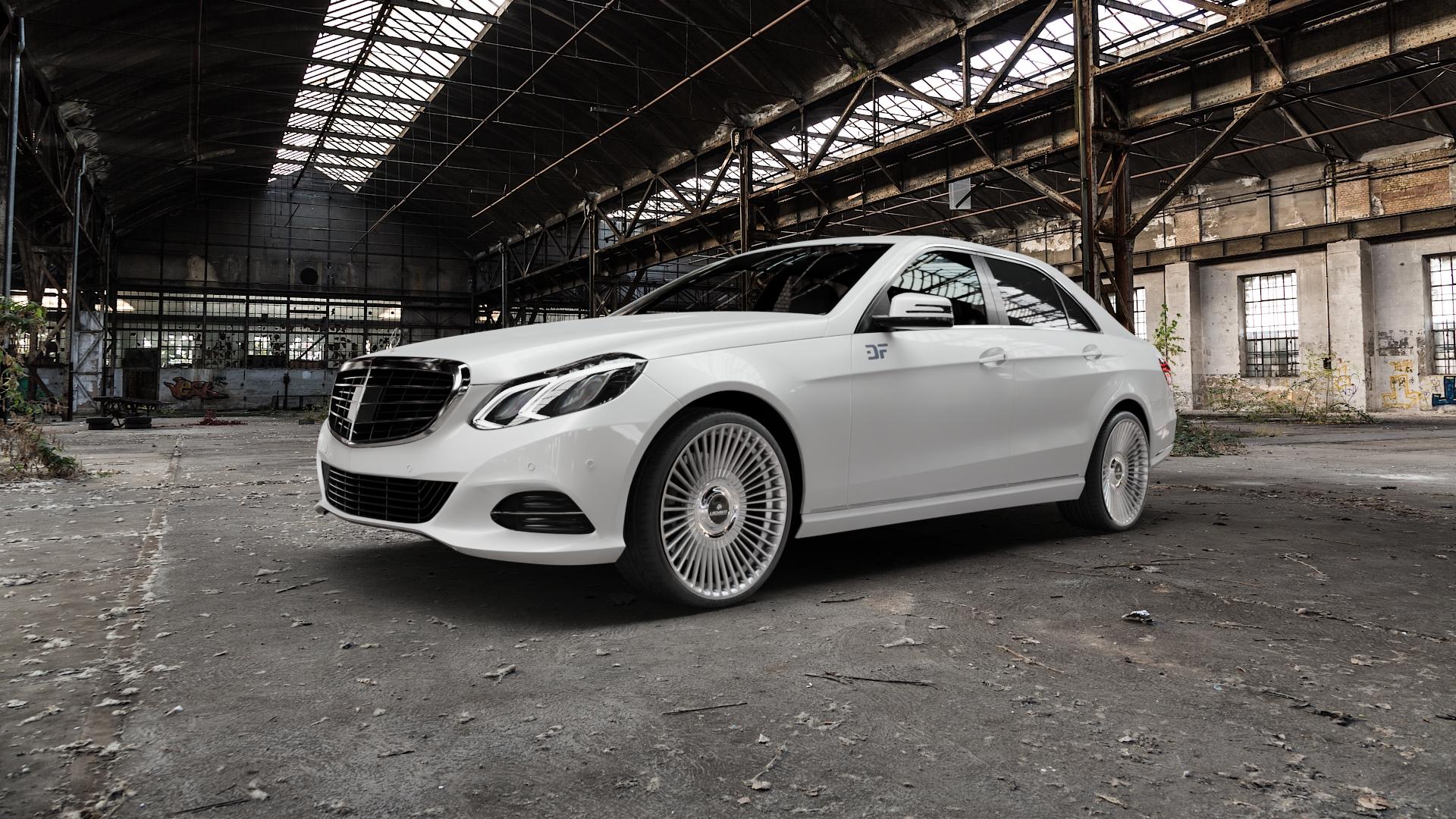 La Chanti Performance LC-P19 (Floating Cap) Machined Silver Felge mit Reifen silber in 20Zoll Alufelge auf weissem Mercedes E-Klasse Typ W212 Limousine Facelift ⬇️ mit 15mm Tieferlegung ⬇️ Old Industrial Hall_max5000mm_2022 Frontansicht_1