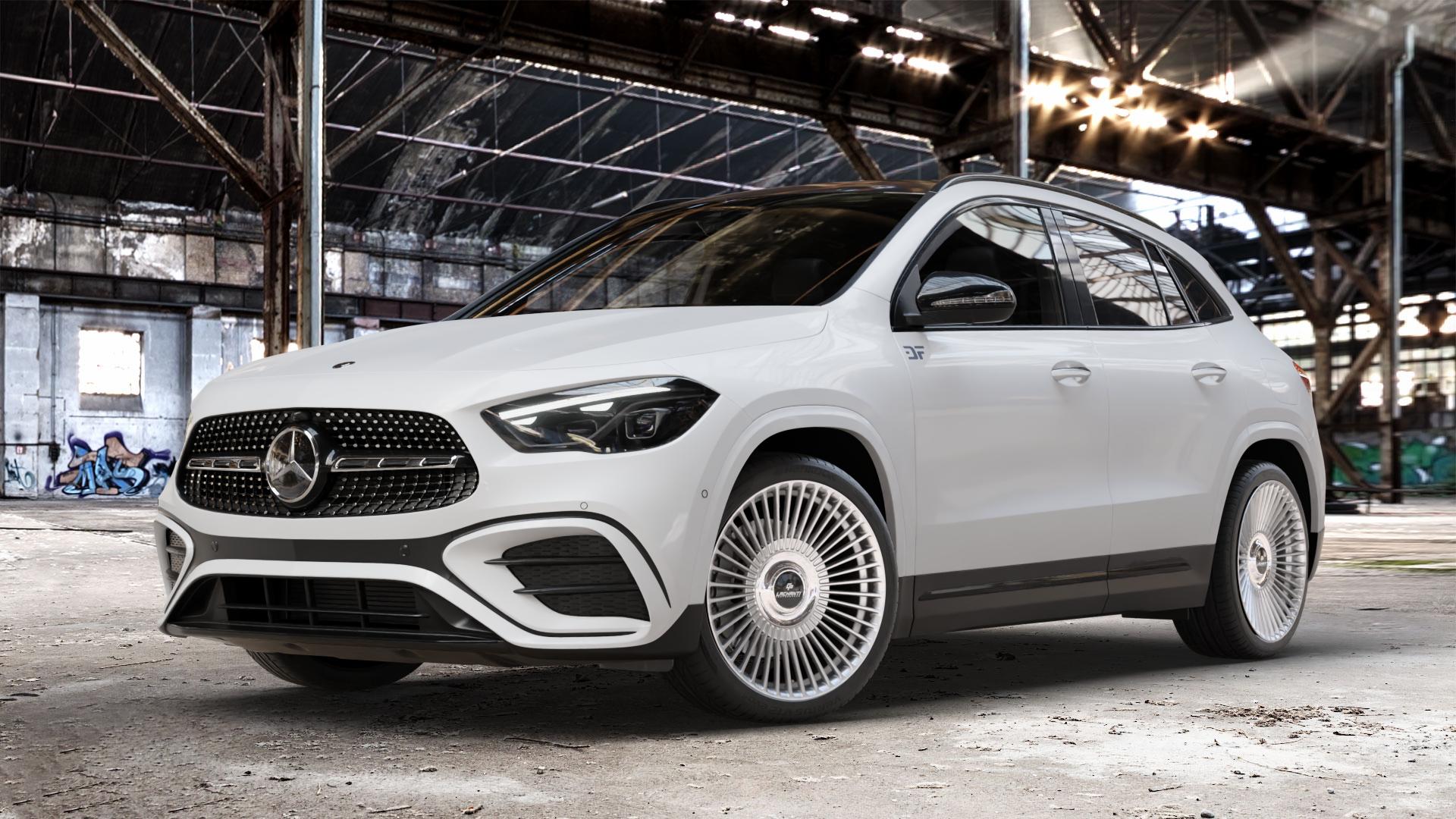 La Chanti Performance LC-P19 (Floating Cap) Machined Silver Felge mit Reifen silber in 20Zoll Alufelge auf weissem Mercedes GLA-Klasse Typ F2B Facelift ⬇️ mit 15mm Tieferlegung ⬇️ Old Industrial Hall_max_4400mm_2024 Frontansicht_1