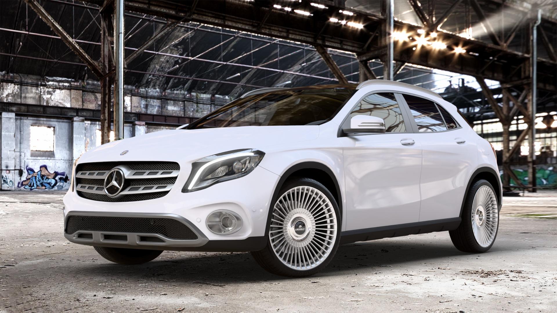 La Chanti Performance LC-P19 (Floating Cap) Machined Silver Felge mit Reifen silber in 20Zoll Alufelge auf weissem Mercedes GLA-Klasse Typ X156 Facelift ⬇️ mit 15mm Tieferlegung ⬇️ Old Industrial Hall_max_4400mm_2024 Frontansicht_1