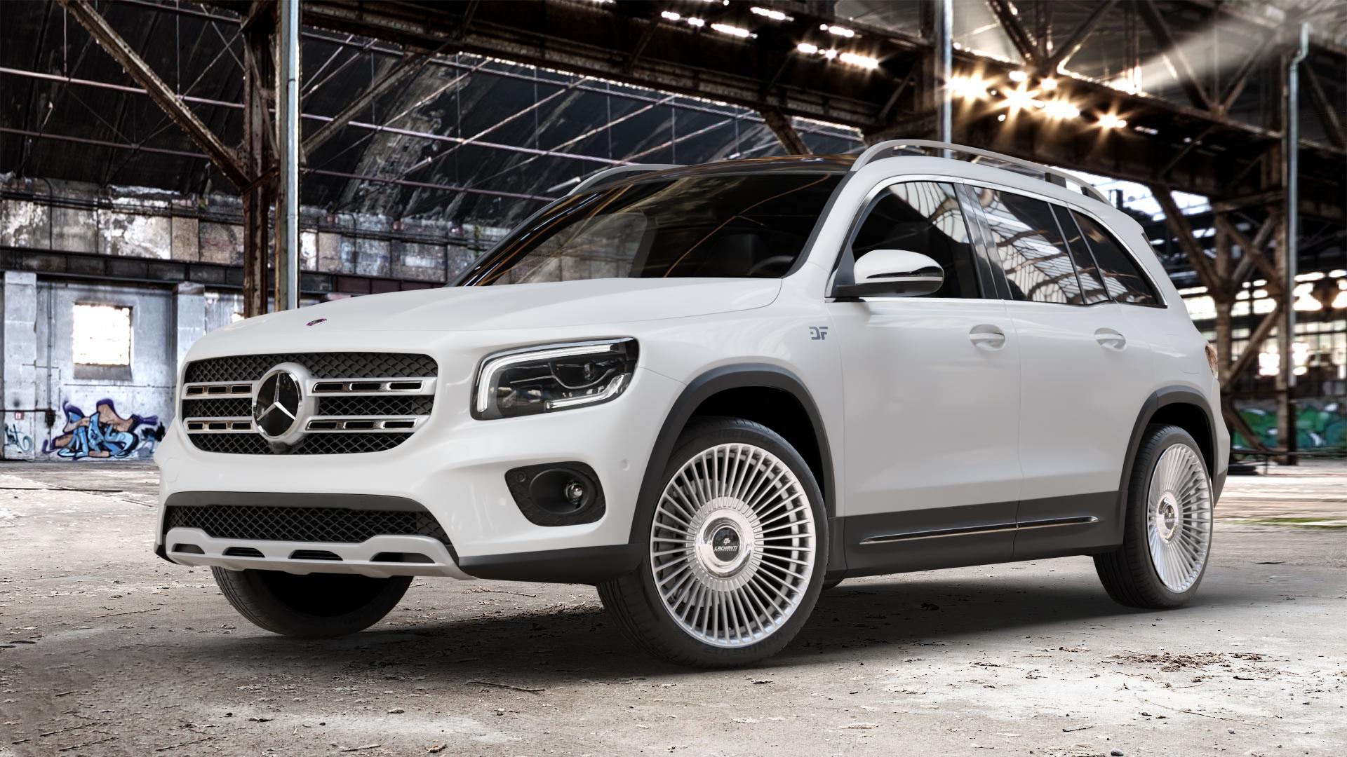 La Chanti Performance LC-P19 (Floating Cap) Machined Silver Felge mit Reifen silber in 20Zoll Alufelge auf weissem Mercedes GLB-Klasse Typ F2B ⬇️ mit 15mm Tieferlegung ⬇️ Old Industrial Hall_max_4400mm_2024 Frontansicht_1