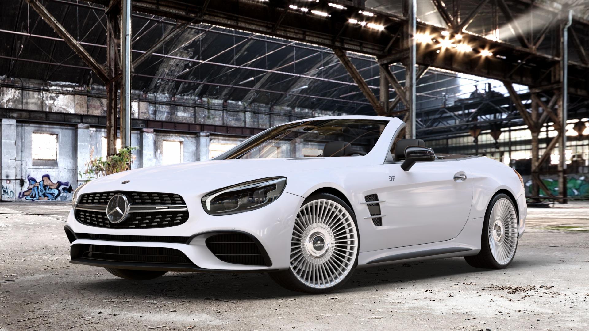 La Chanti Performance LC-P19 (Floating Cap) Machined Silver Felge mit Reifen silber in 20Zoll Alufelge auf weissem Mercedes SL Typ R231 Facelift 5,5l 63 AMG 430kW (585 PS) 6,0l 65 463kW (630 420kW (571 ⬇️ mit 15mm Tieferlegung ⬇️ Old Industrial Hall_max_4400mm_2024 Frontansicht_1