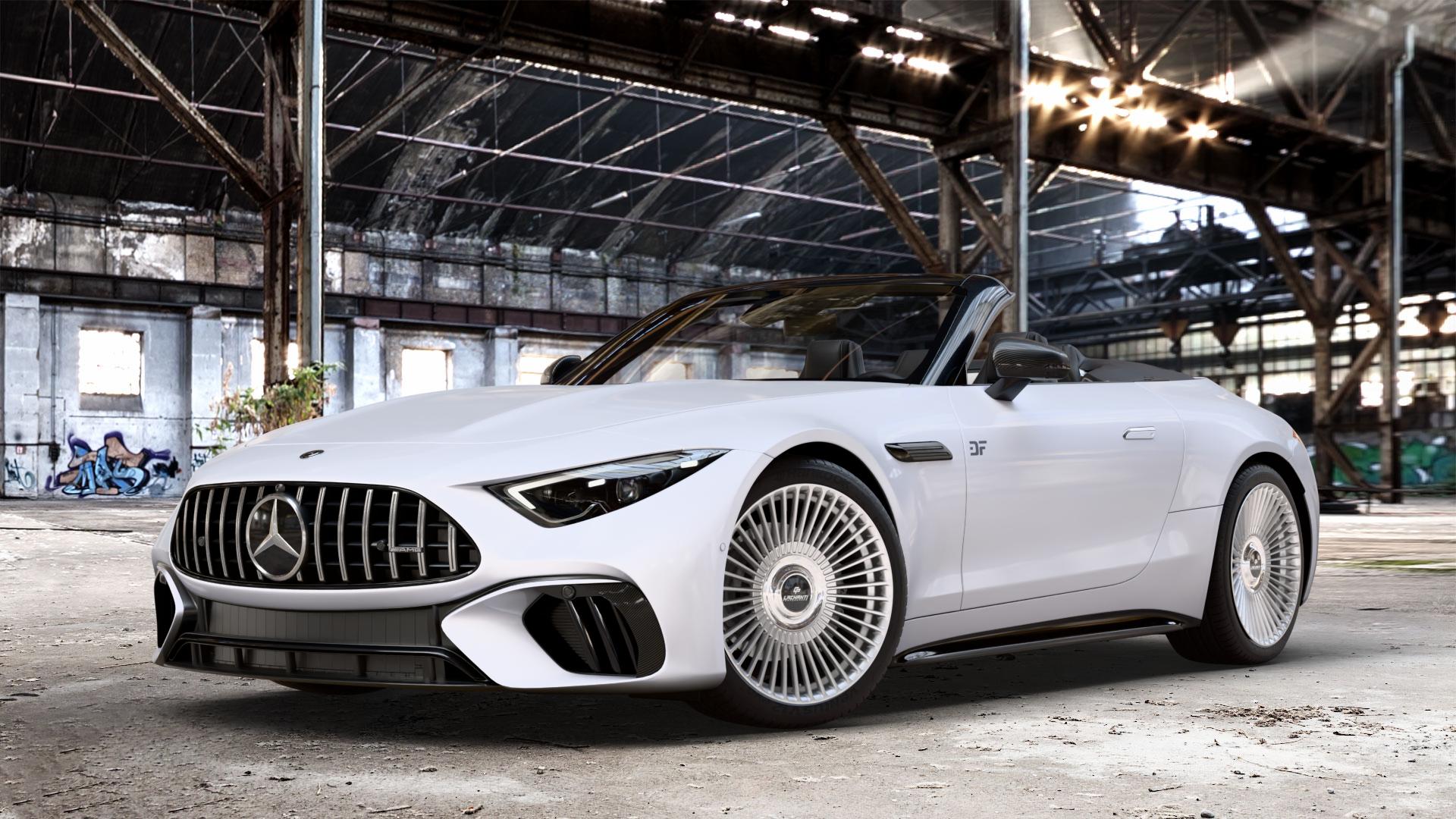 La Chanti Performance LC-P19 (Floating Cap) Machined Silver Felge mit Reifen silber in 20Zoll Alufelge auf weissem Mercedes SL Typ R232 2,0l 43 280kW Mild-Hybrid (381 PS) 4,0l 55 4MATIC+ 350kW (476 63 430kW (585 ⬇️ mit 15mm Tieferlegung ⬇️ Old Industrial Hall_max_4400mm_2024 Frontansicht_1