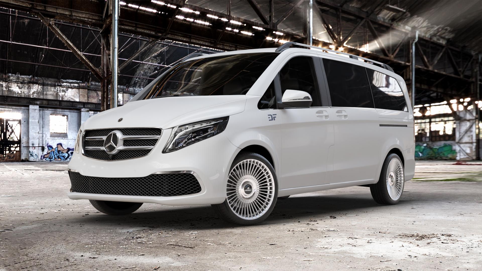 La Chanti Performance LC-P19 (Floating Cap) Machined Silver Felge mit Reifen silber in 20Zoll Alufelge auf weissem Mercedes V-Klasse Typ W447 Facelift Marco Polo Vito Tourer ⬇️ mit 15mm Tieferlegung ⬇️ Old Industrial Hall_max_5300mm_2024 Frontansicht_1