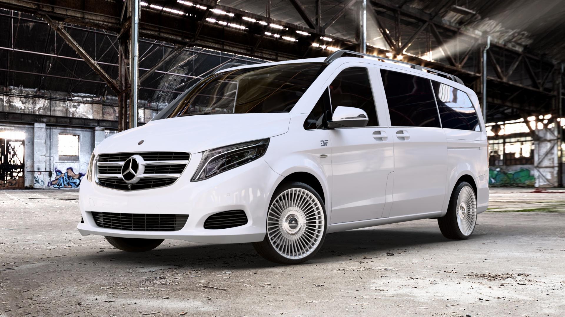 La Chanti Performance LC-P19 (Floating Cap) Machined Silver Felge mit Reifen silber in 20Zoll Alufelge auf weissem Mercedes V-Klasse Typ W447 Vito Kasten Mixto Tourer Marco Polo ⬇️ mit 15mm Tieferlegung ⬇️ Old Industrial Hall_max_5300mm_2024 Frontansicht_1