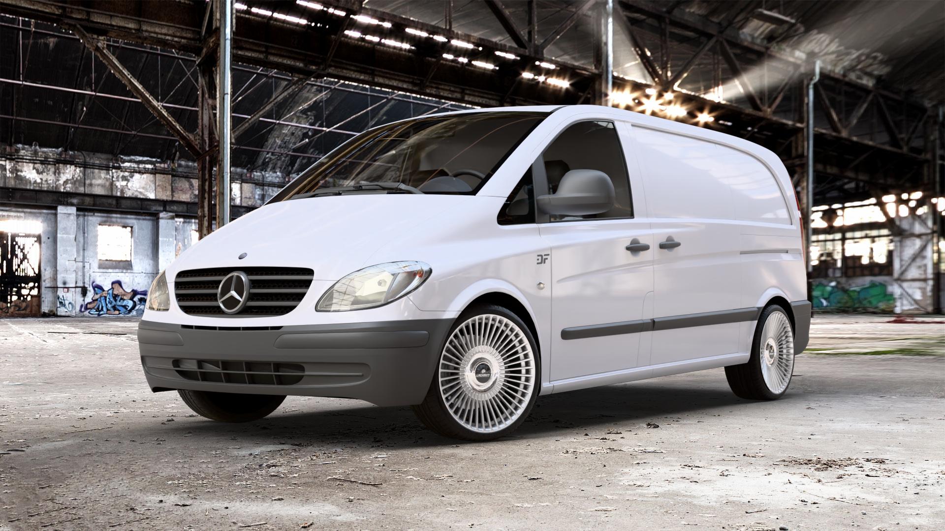 La Chanti Performance LC-P19 (Floating Cap) Machined Silver Felge mit Reifen silber in 20Zoll Alufelge auf weissem Mercedes Vito Kasten Typ 639 ⬇️ mit 15mm Tieferlegung ⬇️ Old Industrial Hall_max_5300mm_2024 Frontansicht_1